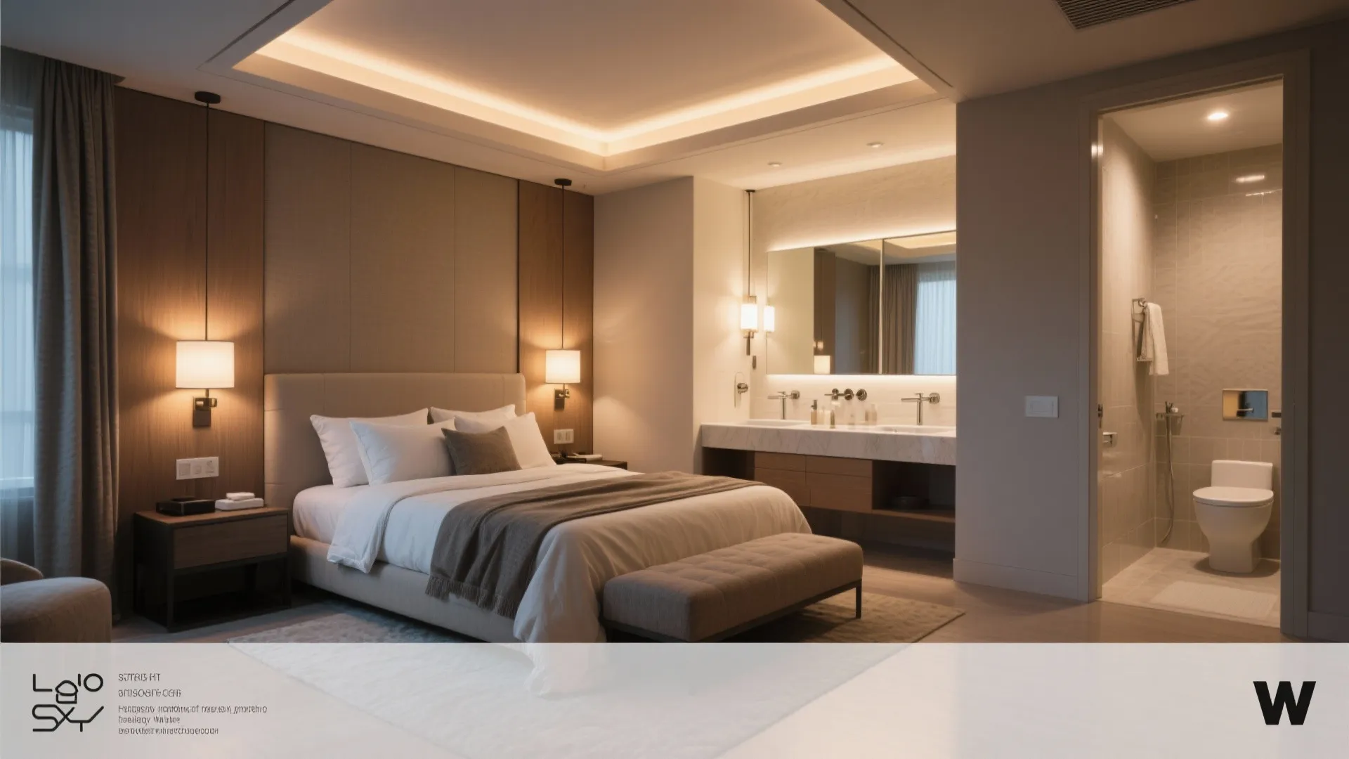 Luxury hotel room with warm ceiling lights over a large bed and open marble bathroom