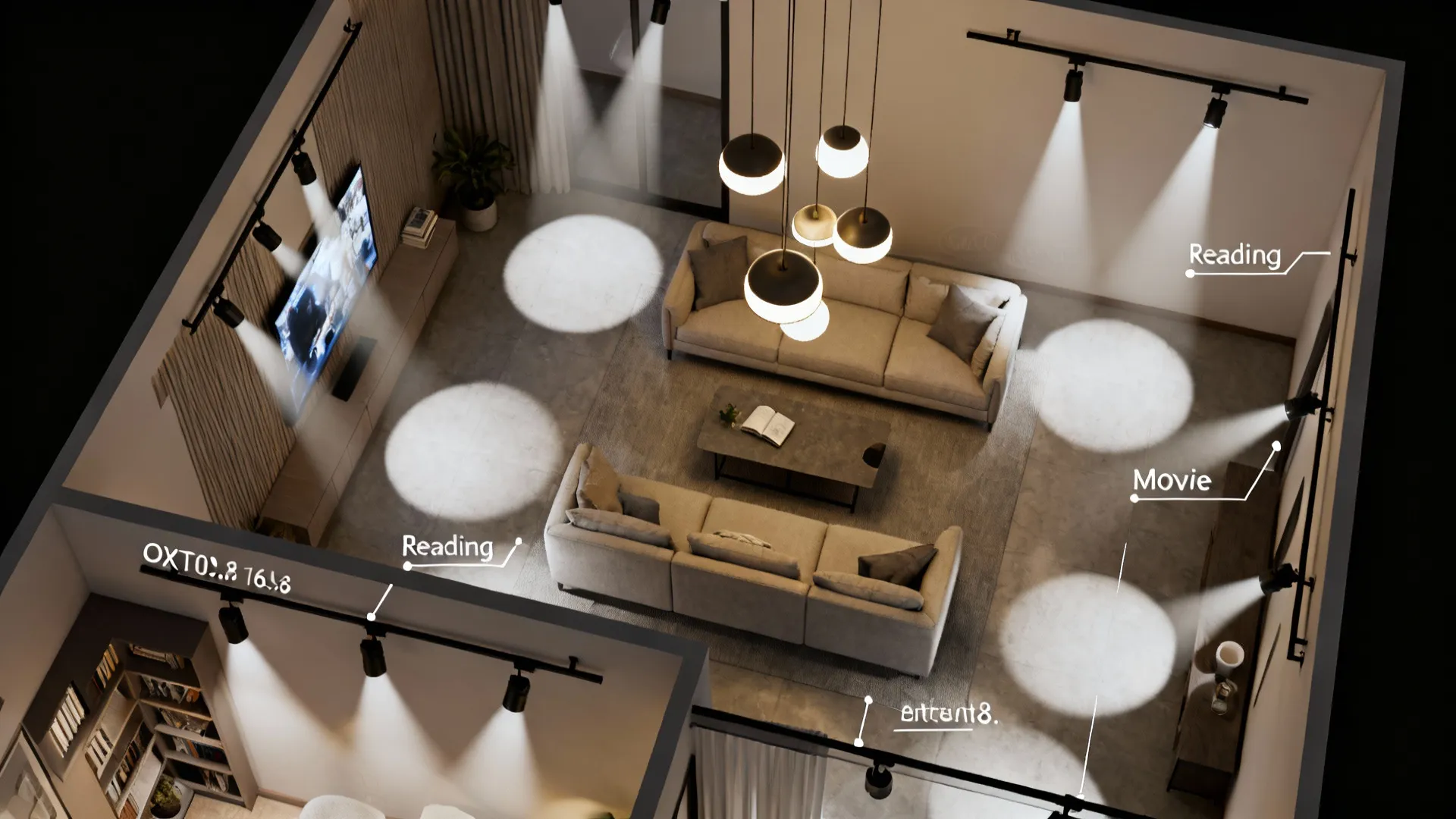 Top down room layout showing living area with sofas and different light zones for reading