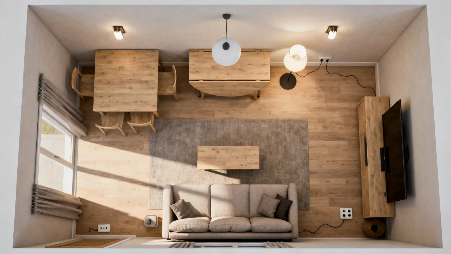 Top down view room layout showing sofa, rug, dining table, wooden floor, and ceiling light