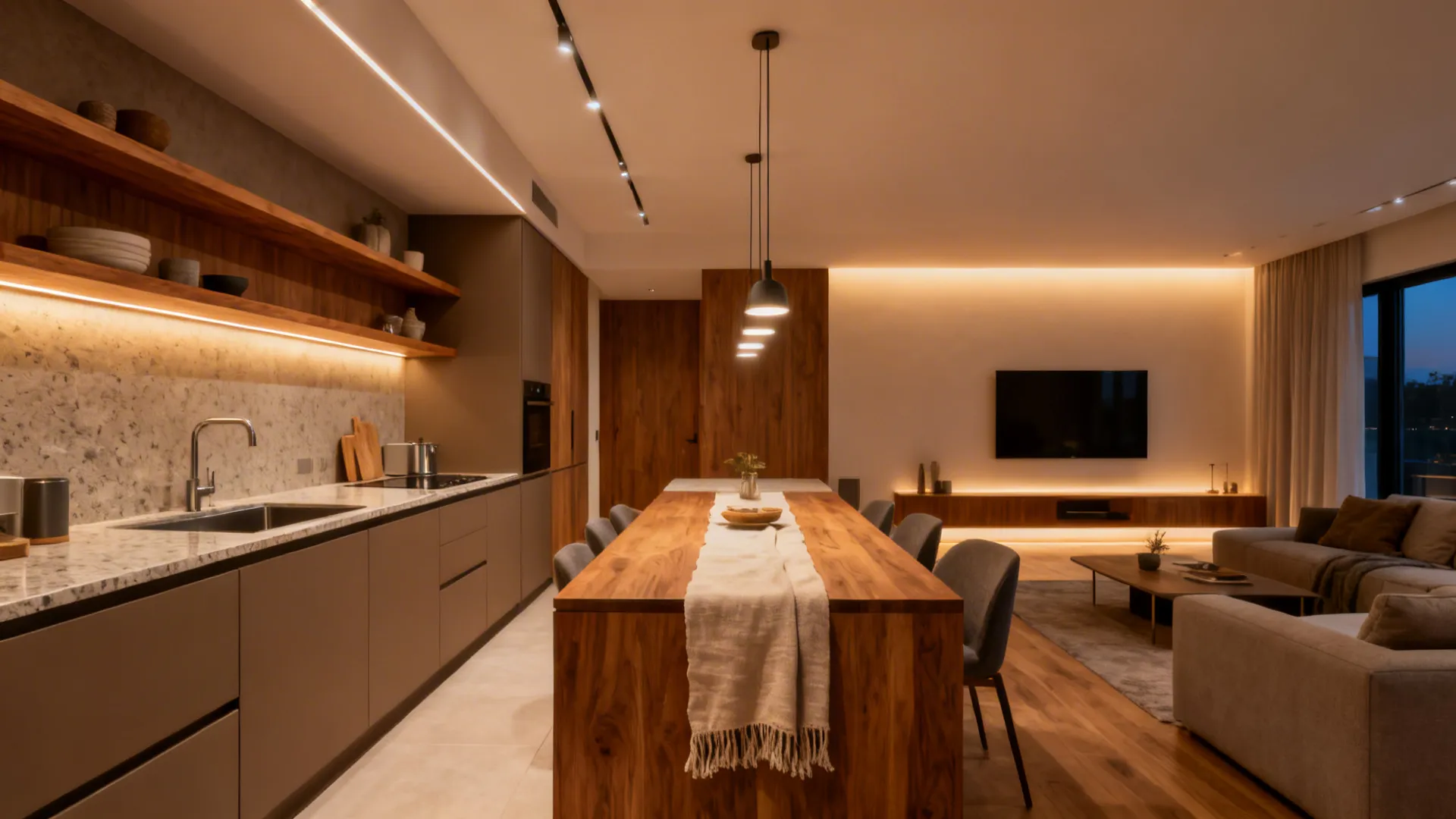 5) Warm Woods, Soft Textiles, and Zoned Lighting