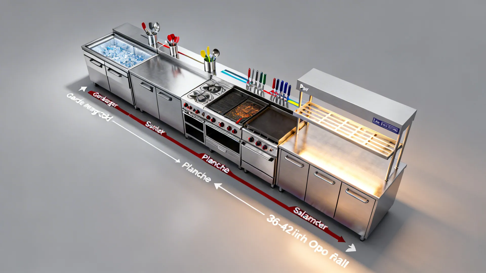 Top-down view of a linear kitchen line from garde manger to hot stations to the pass, with clear aisles.