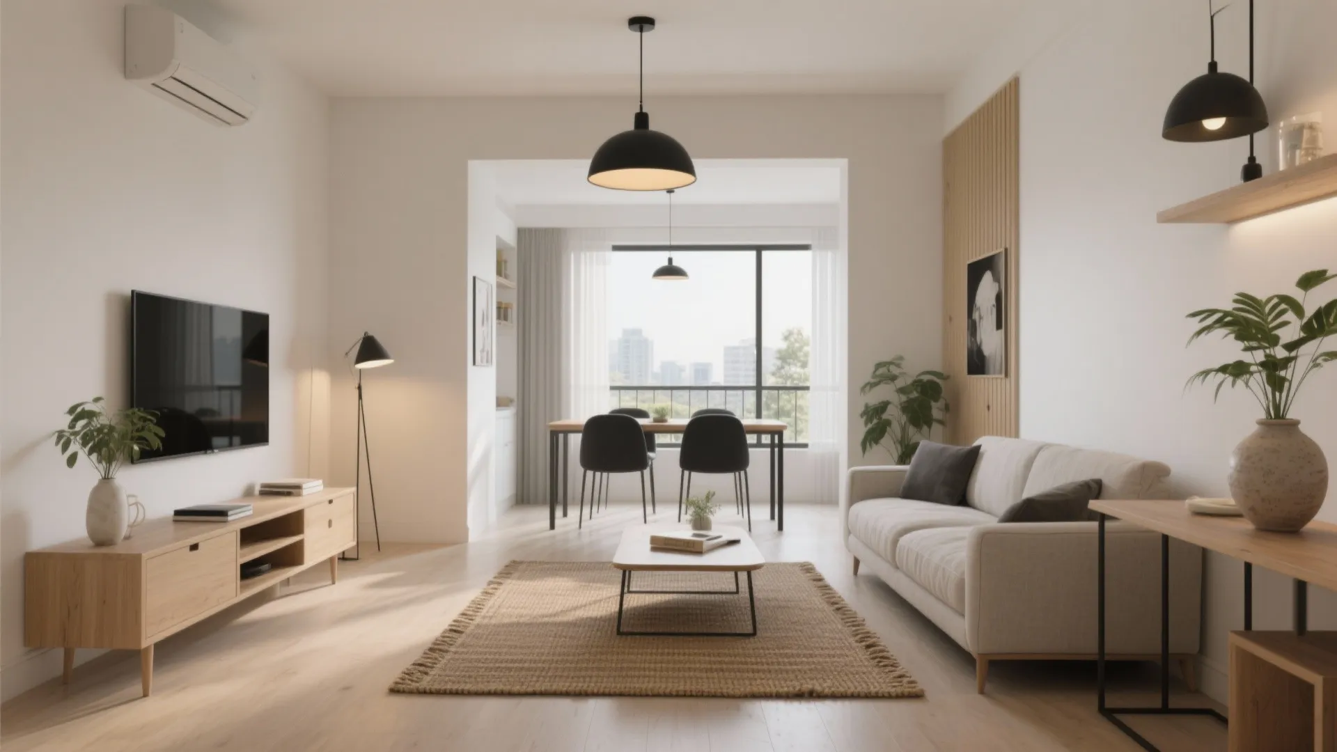 Bright open living room featuring white sofa wooden floor black ceiling light and dining area