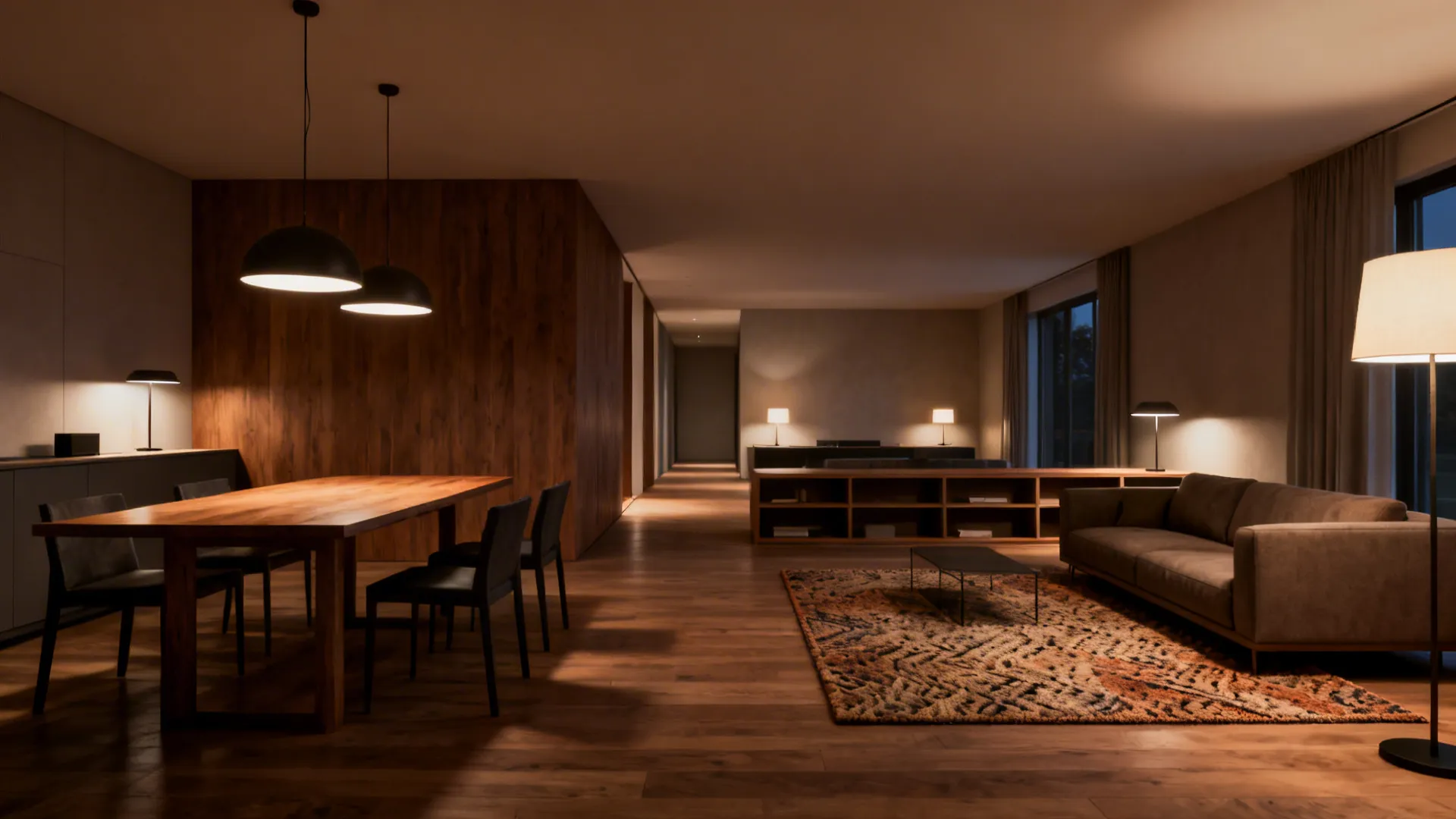 Long room split into dining and living zones with a low shelving divider and layered lighting for clear function.