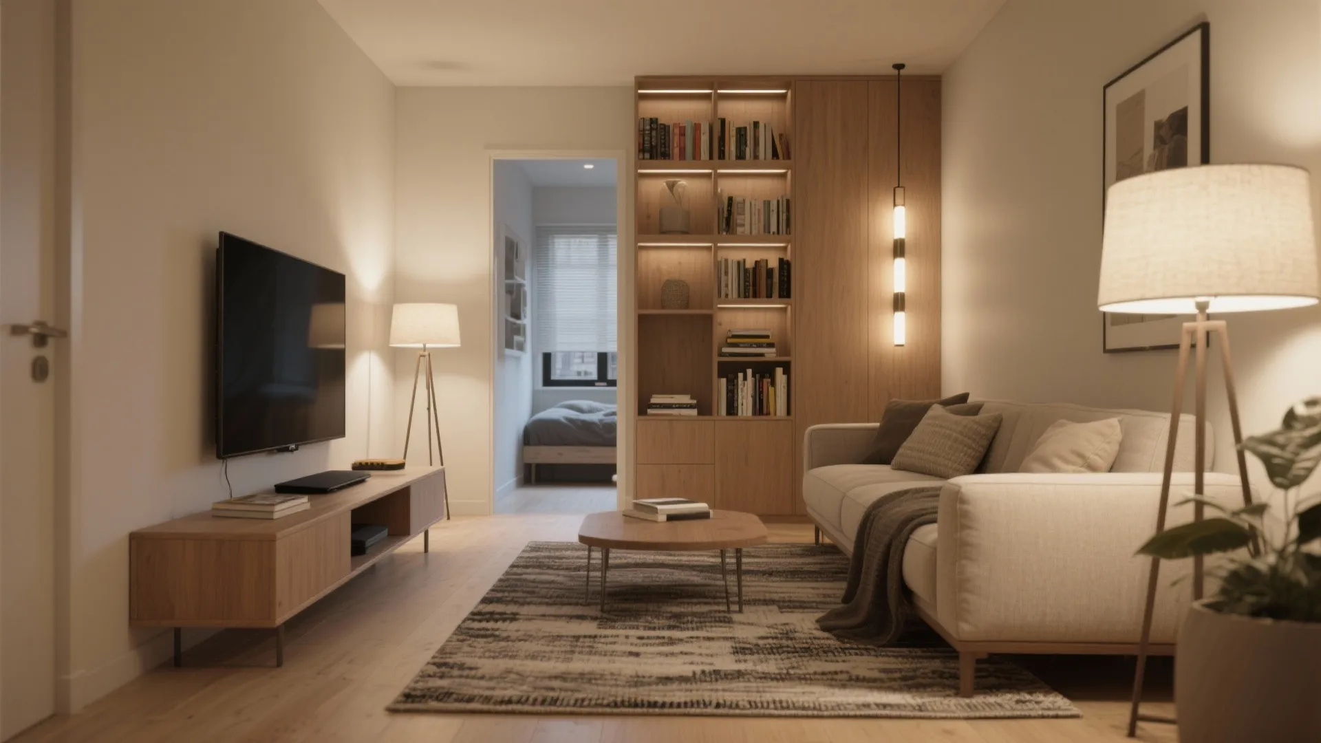 4. Define zones with rugs, lighting, and slim storage