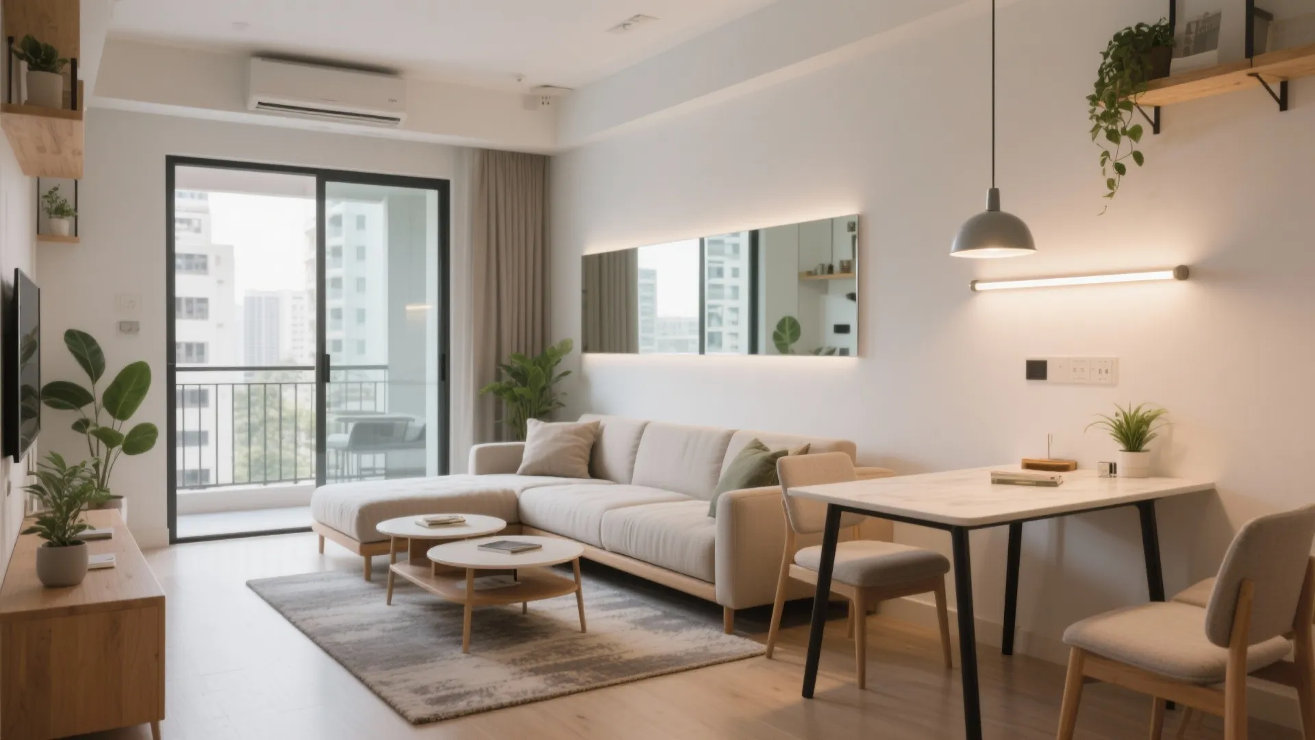 Zoned living–dining with a flexible furniture kit