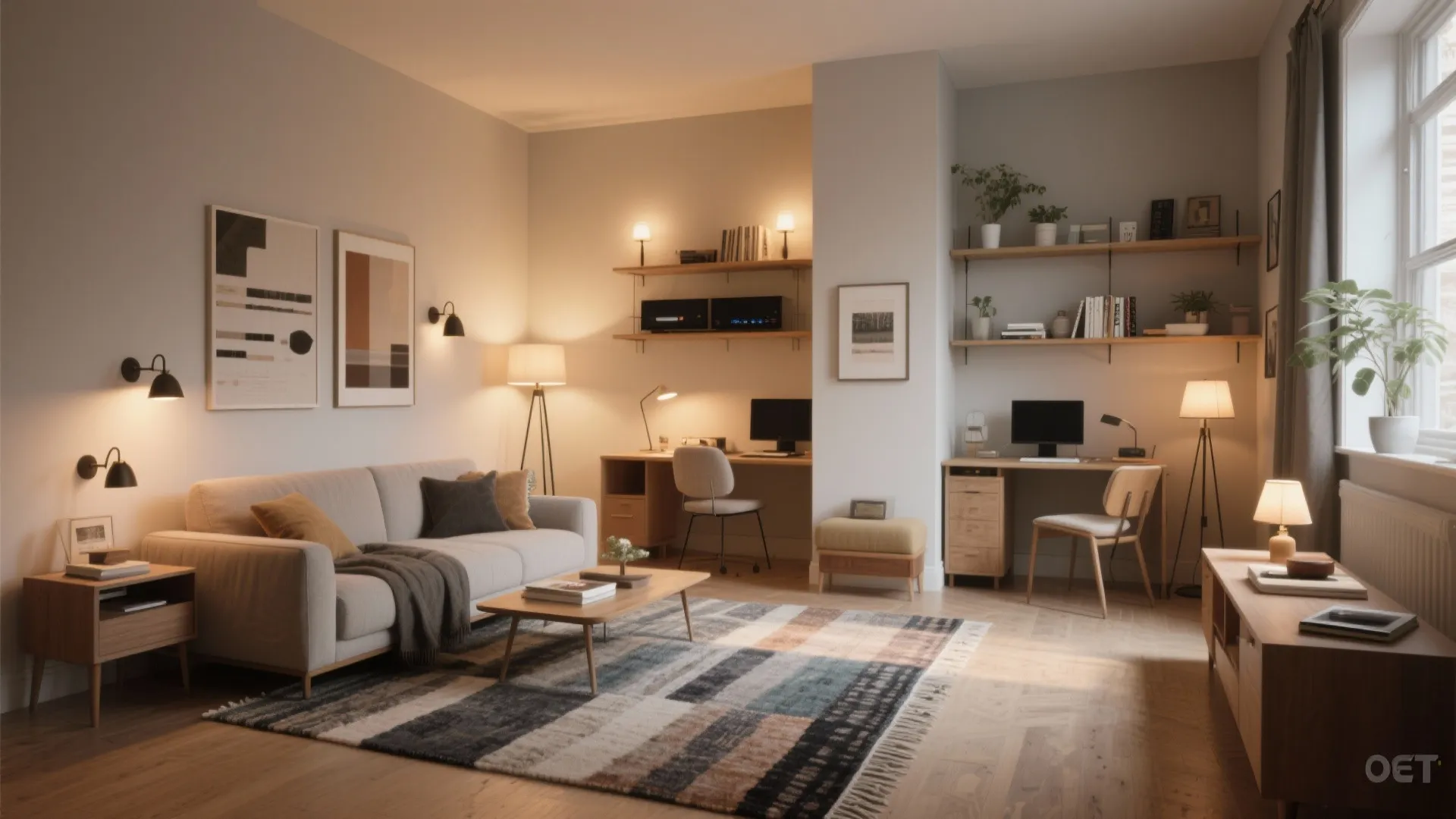 3. Zone visually with rugs, lighting, and shelves