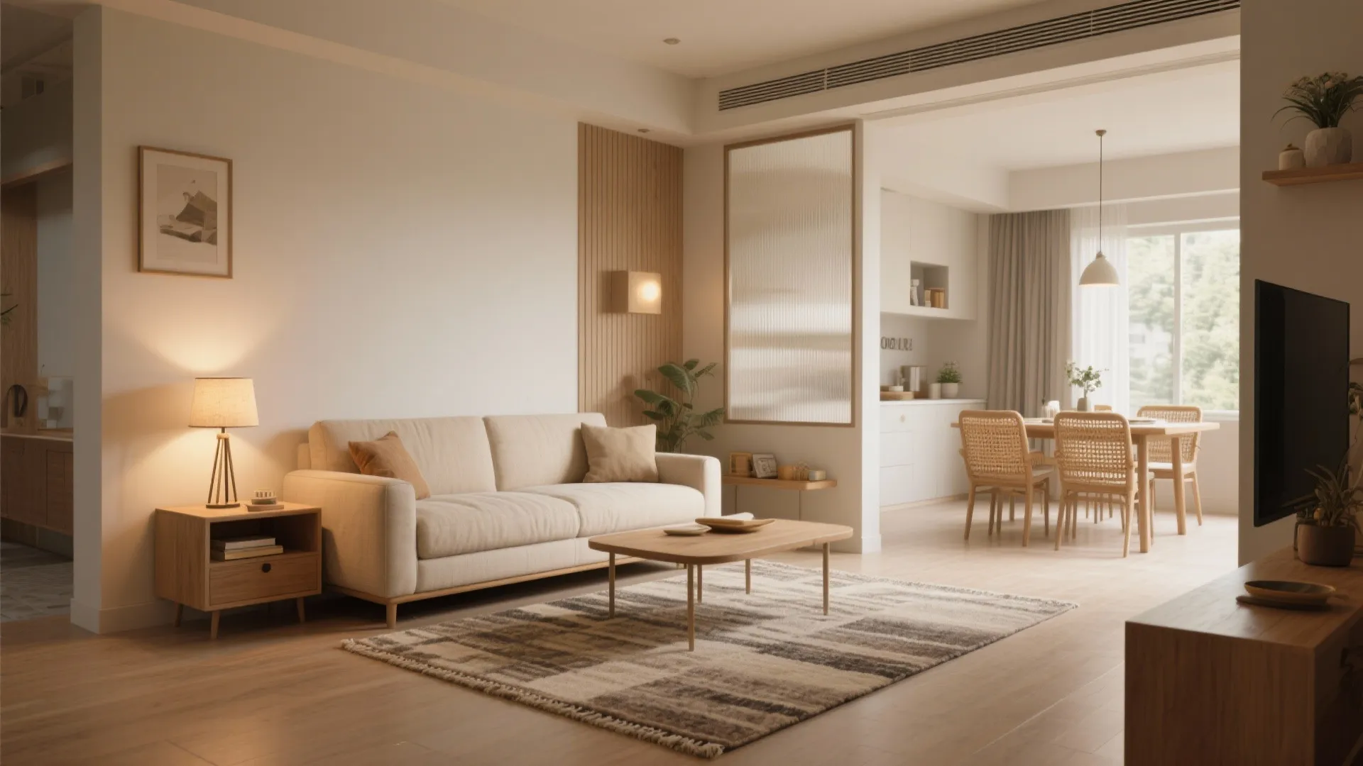 Zoned Living with Rugs, Lighting, and Slim Dividers