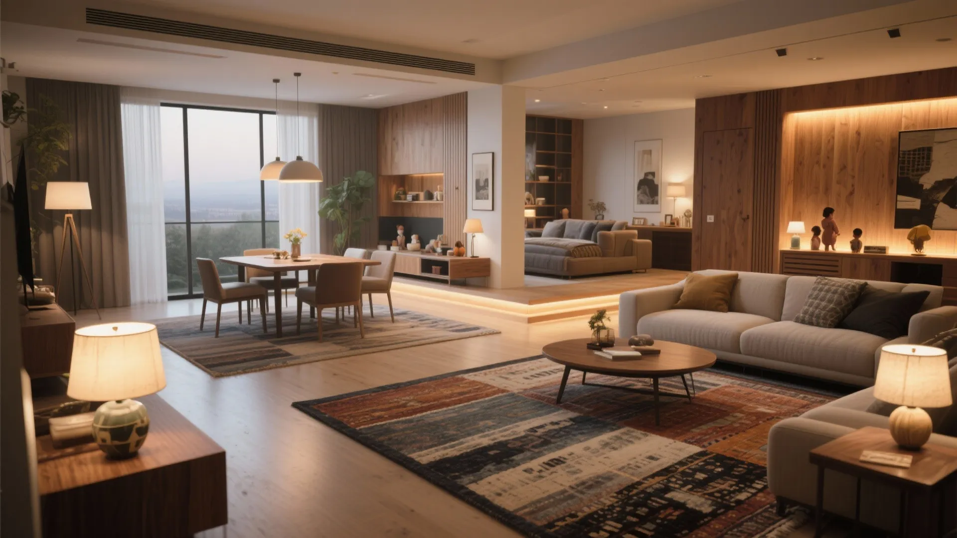 Open-plan living area with layered rugs and mismatched lamps creating separate zones.