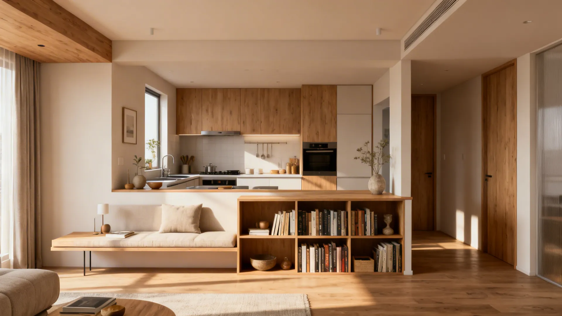Kitchen with wooden cabinets and a bookshelf divider next to a small beige sofa seat