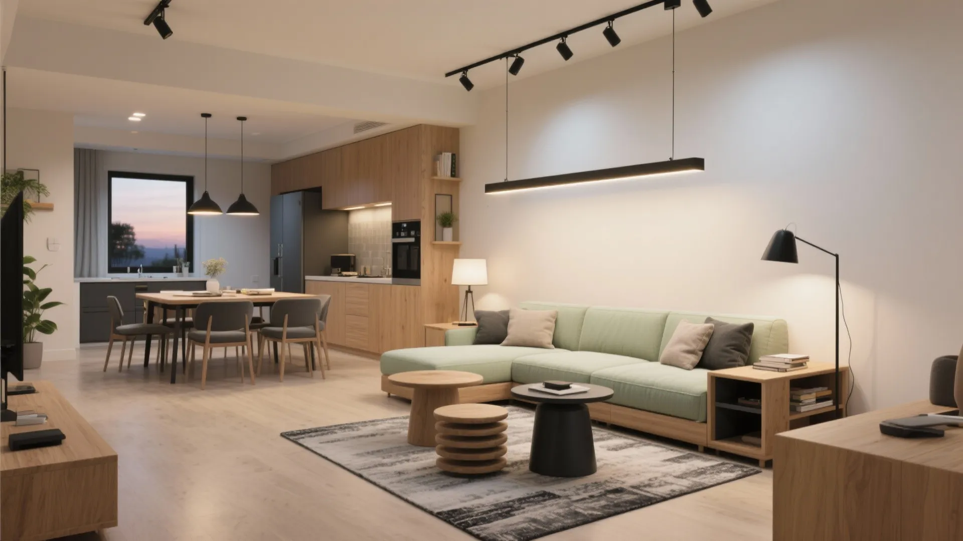 Spacious living area with green sofa rug floor light and dining table in the background