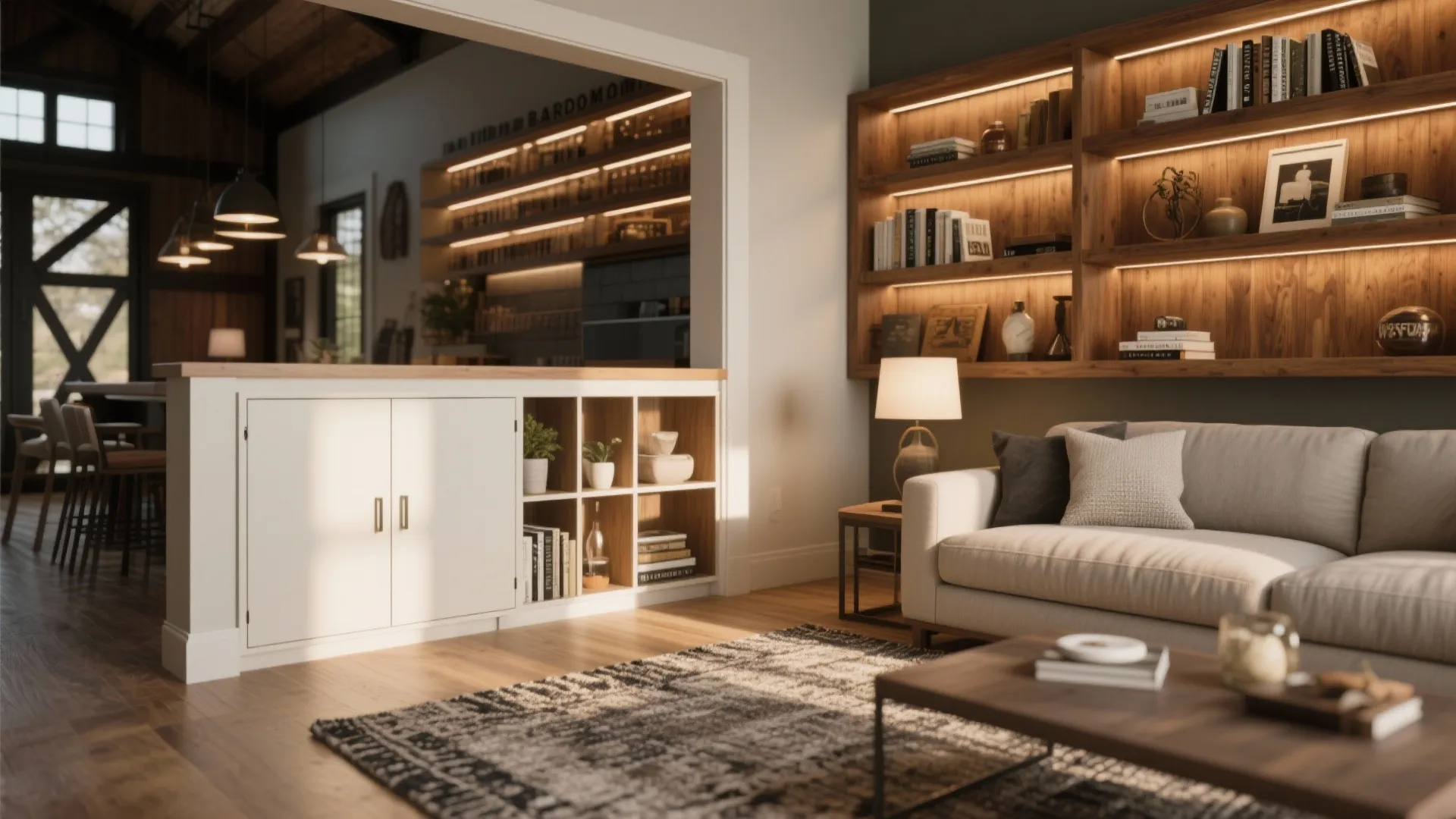 Zoned living corner with rug, layered lighting and partial-height storage divider