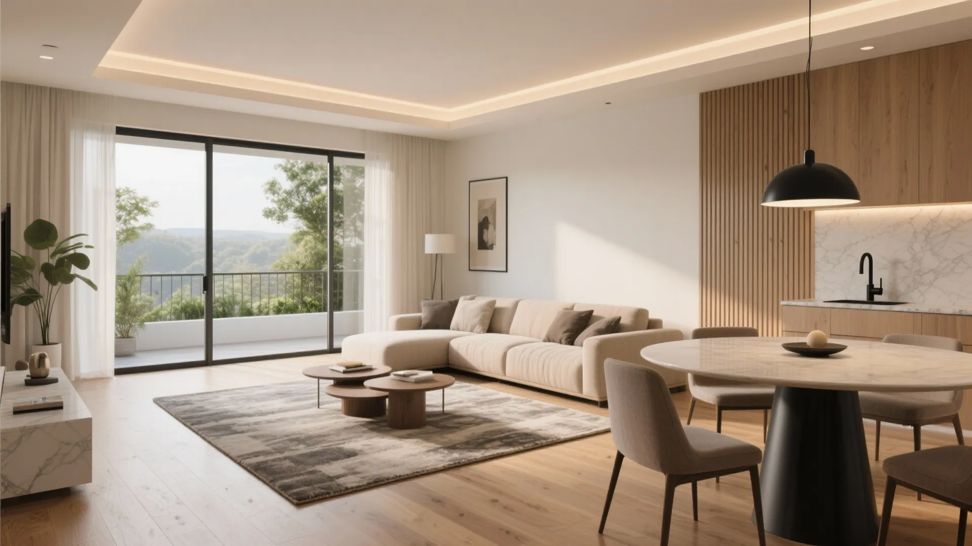 Light-filled living-dining with subtle zoning