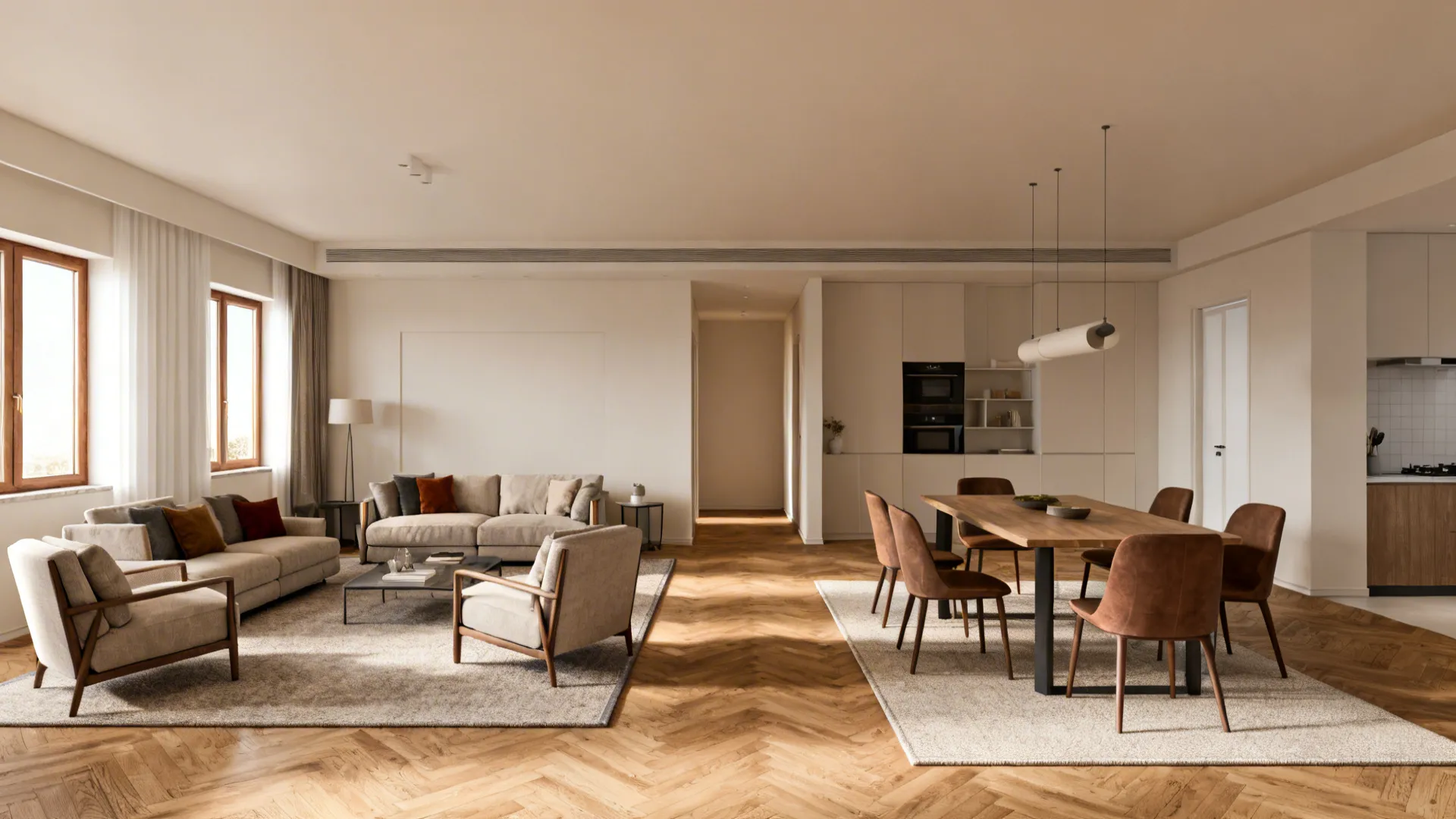 Open-plan 12x15 room showing zoned living and dining with an 8x11 seating rug and a separate dining rug.