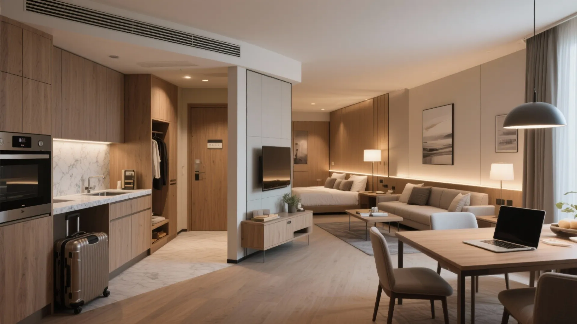 Modern open plan studio apartment with wood cabinets small kitchen living room area and bed