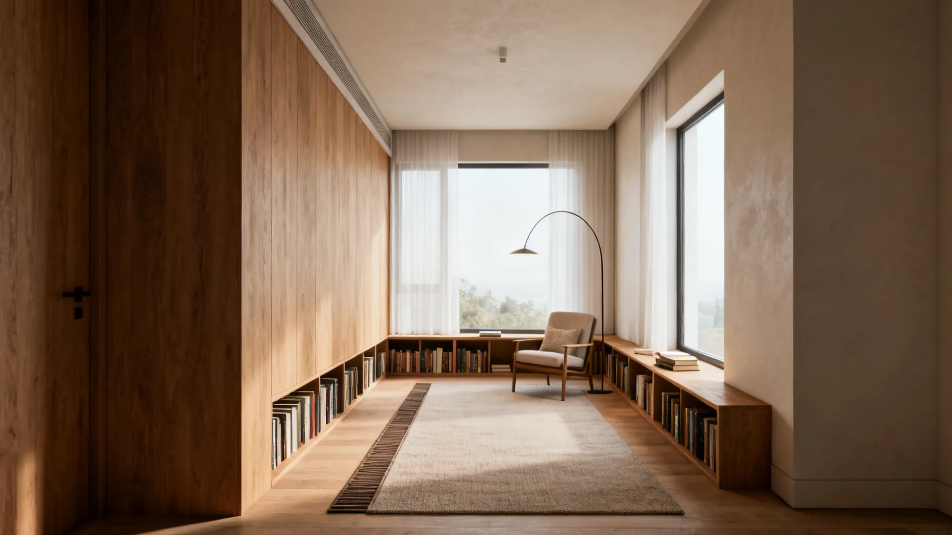 Long narrow living room with distinct living area and reading nook separated by low bookshelf and rug