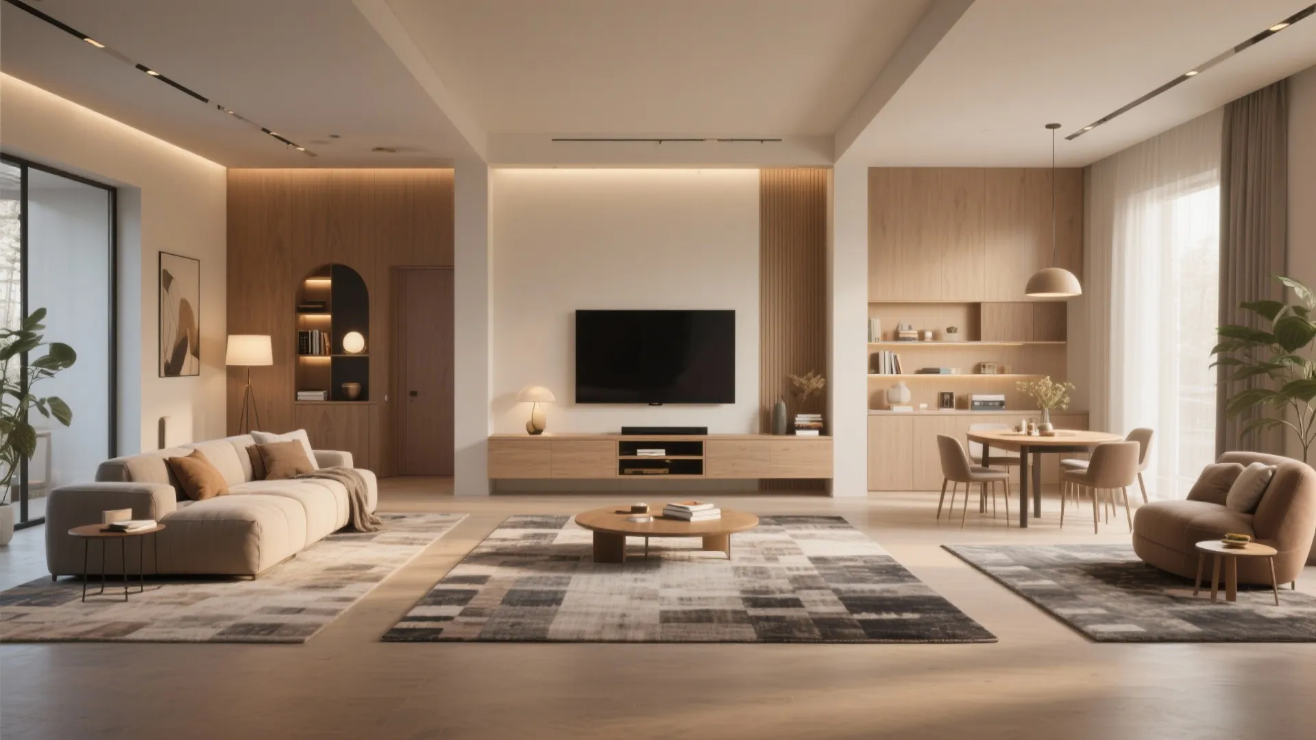 Open plan living area with tv cabinet dining table wood wall panels and grey rugs