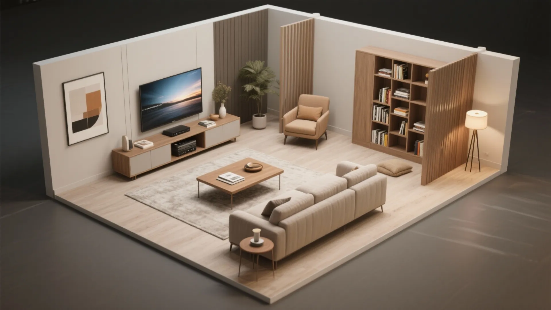 Top-down view of living room divided into TV and reading zones