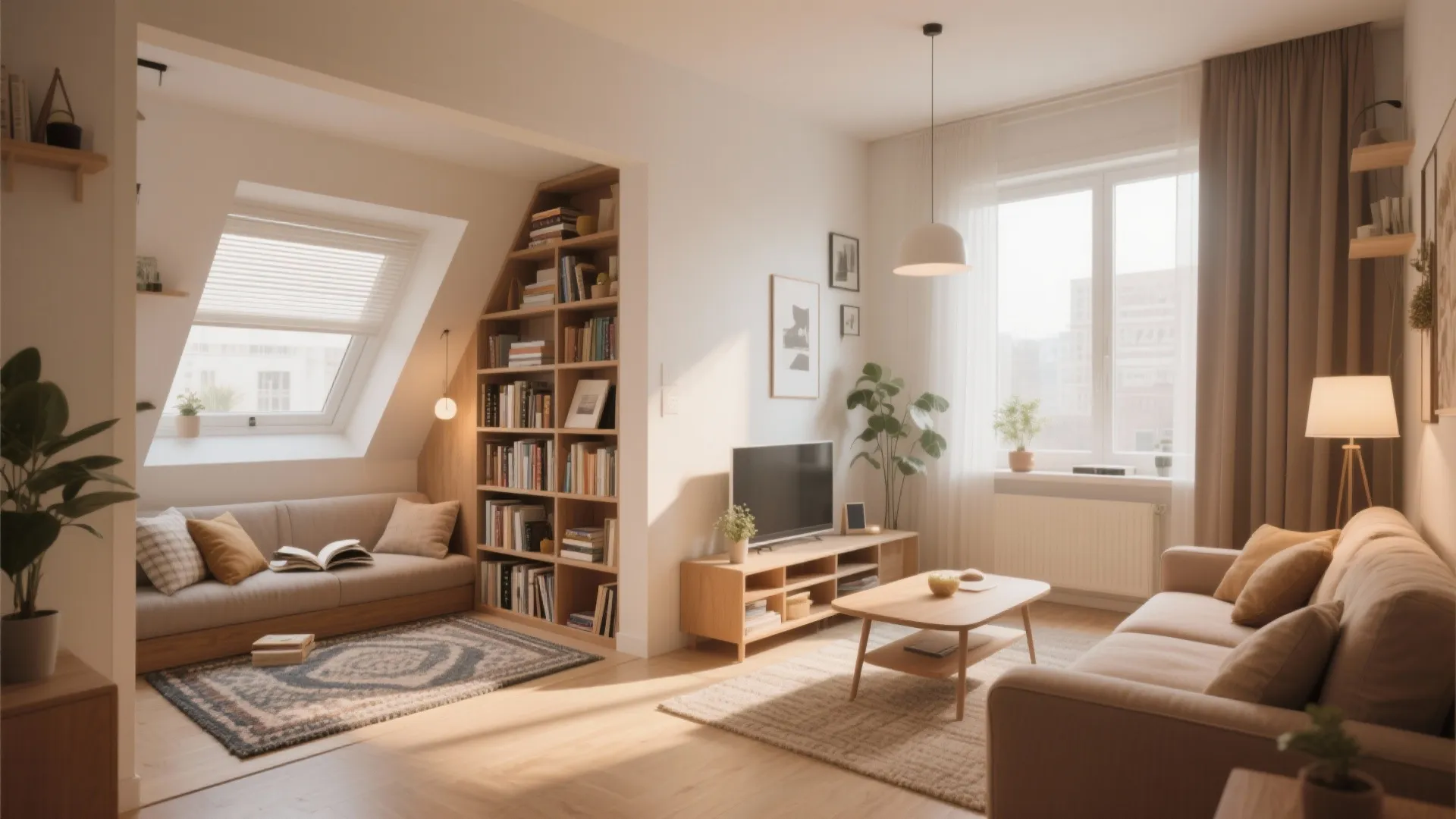 Modern warm living room with beige sofa wooden coffee table large bookshelf and small roof window