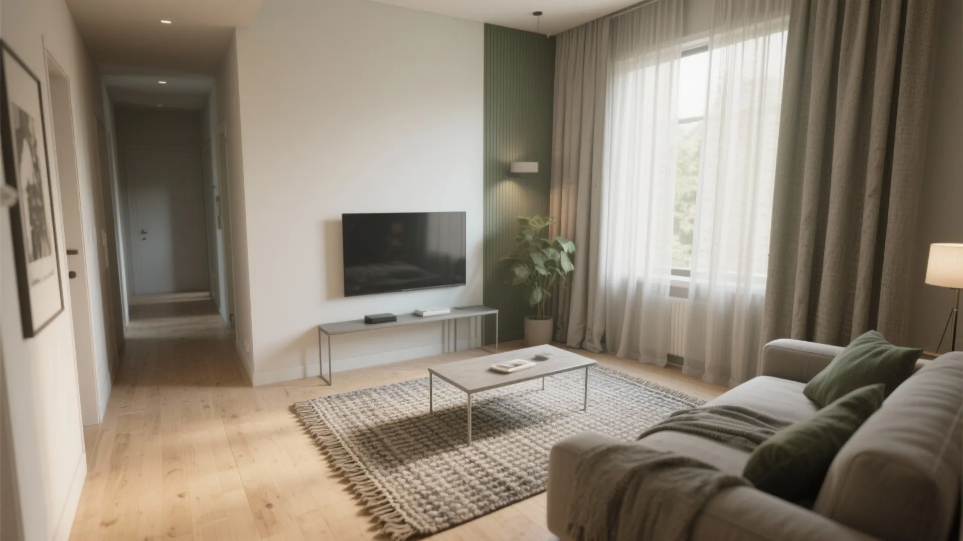 Living room with wall mounted television grey cabinet coffee table patterned rug and large window