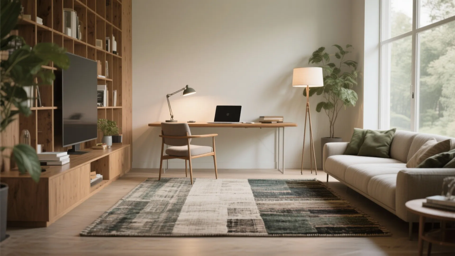 1. Zone with rugs, lighting, and furniture