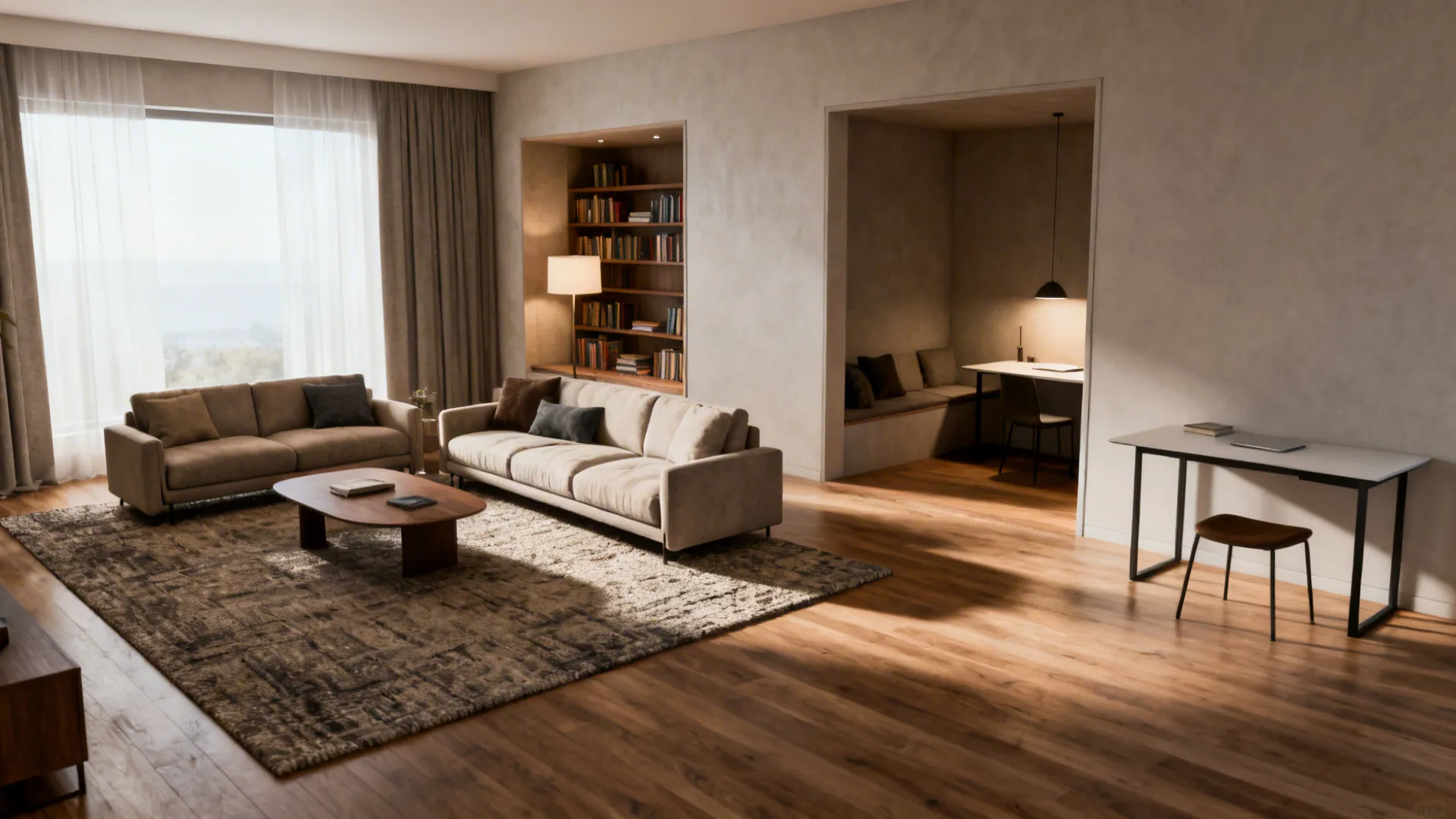Zoned living room with two sofas coffee table area rug and a separate built in office