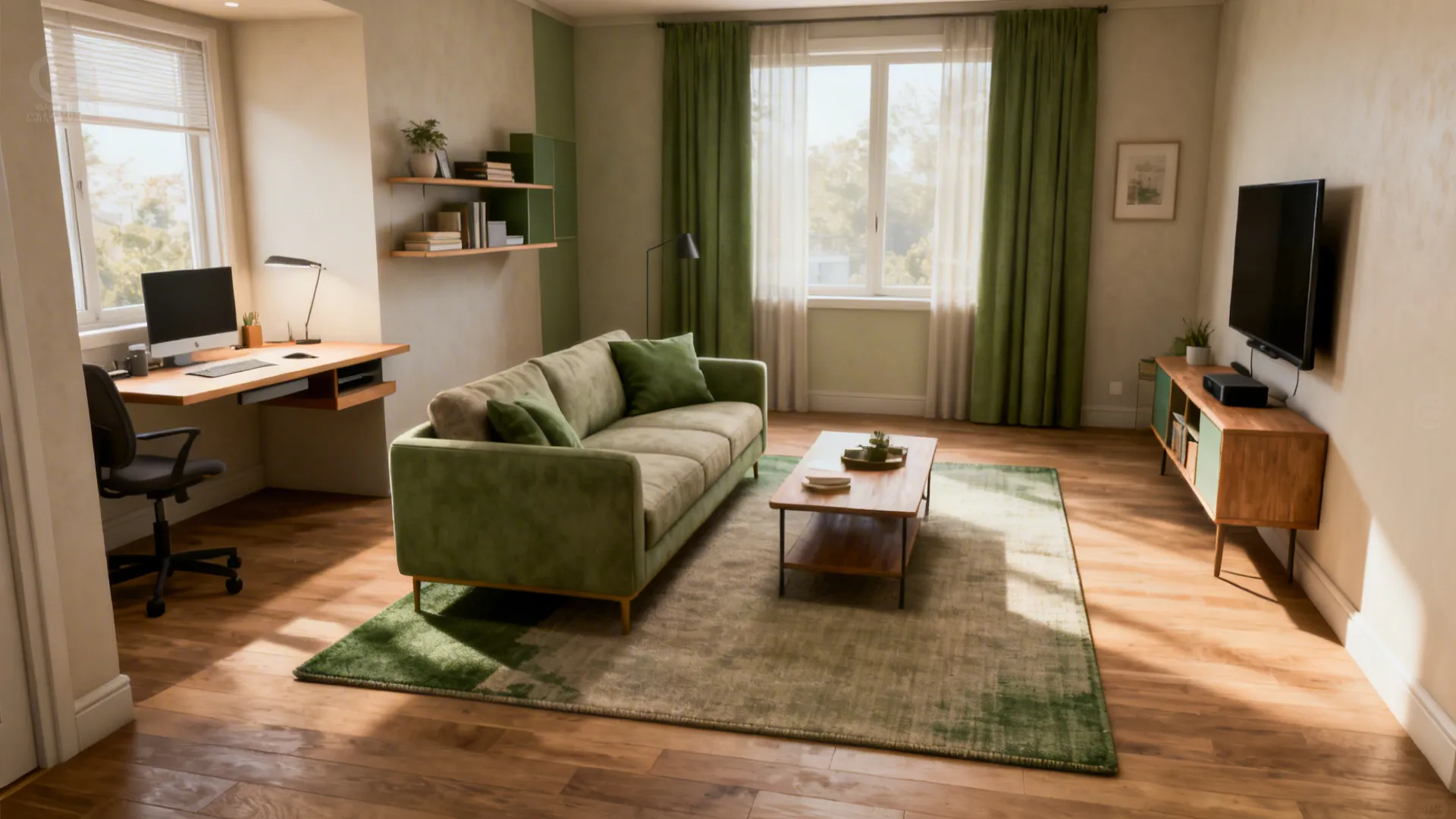 Compact living room with rugs defining seating, workspace and media zones for clear flow