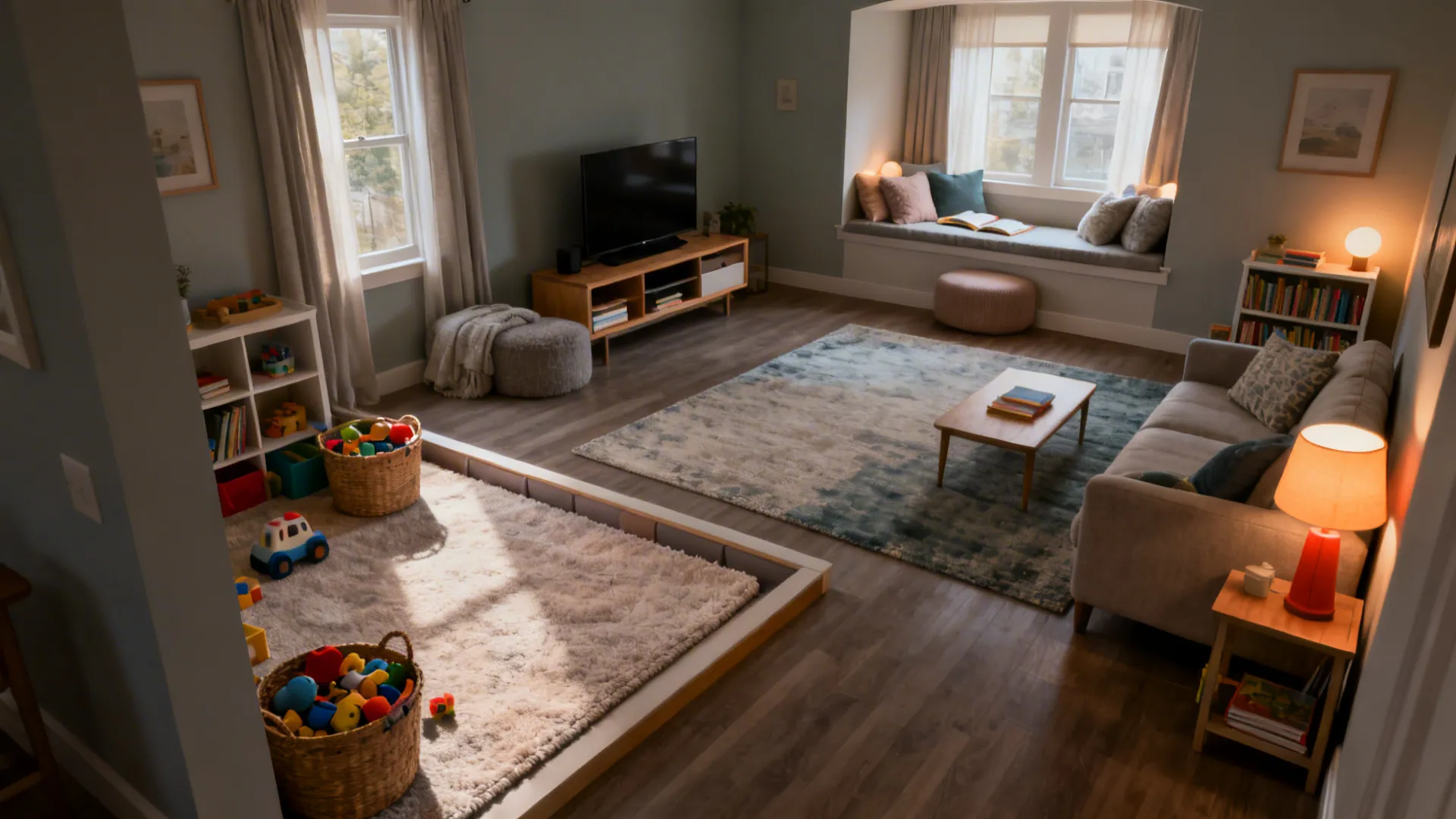Living room with distinct play, media, and reading zones defined by rugs and shelving