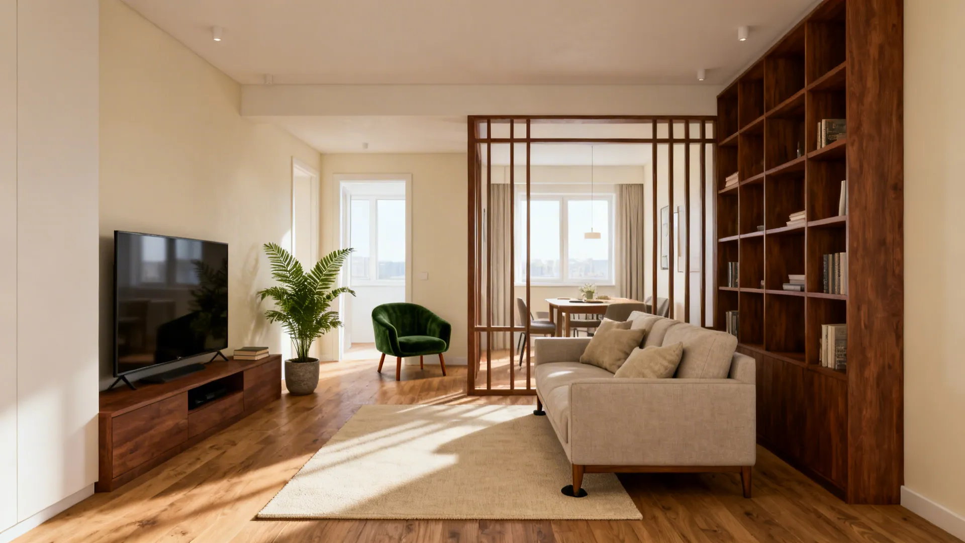 Compact living room with rugs and low-back shelving defining separate zones without blocking light