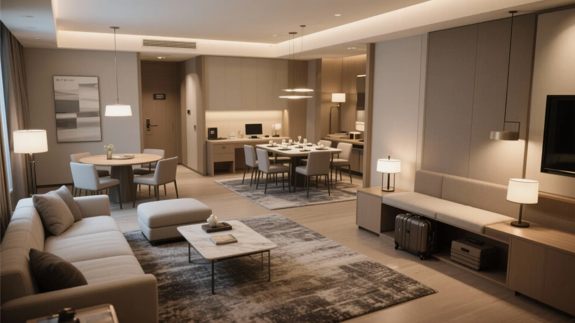 Zoned living area using rugs and low furniture to separate lounge, dining, and work spaces.