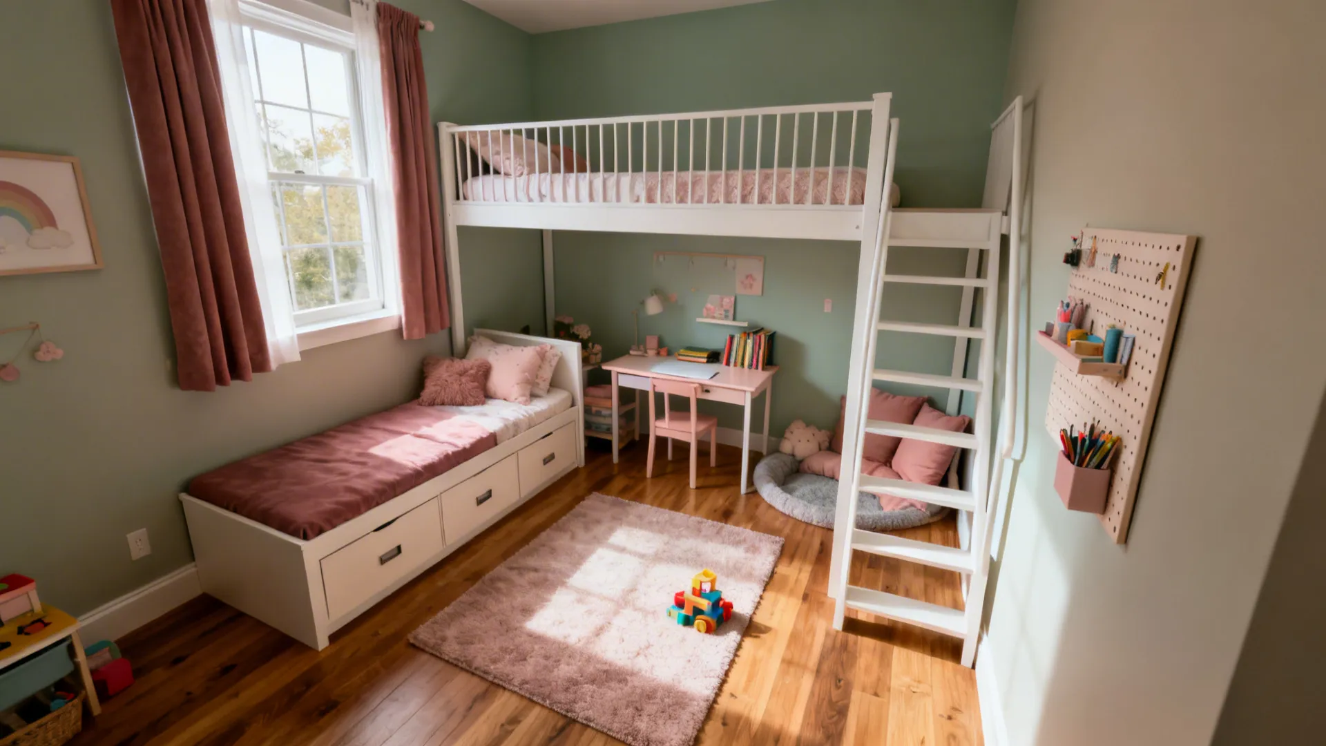Small girl’s room with a slim loft bed over a desk nook, clear zones for sleep, study, and play.