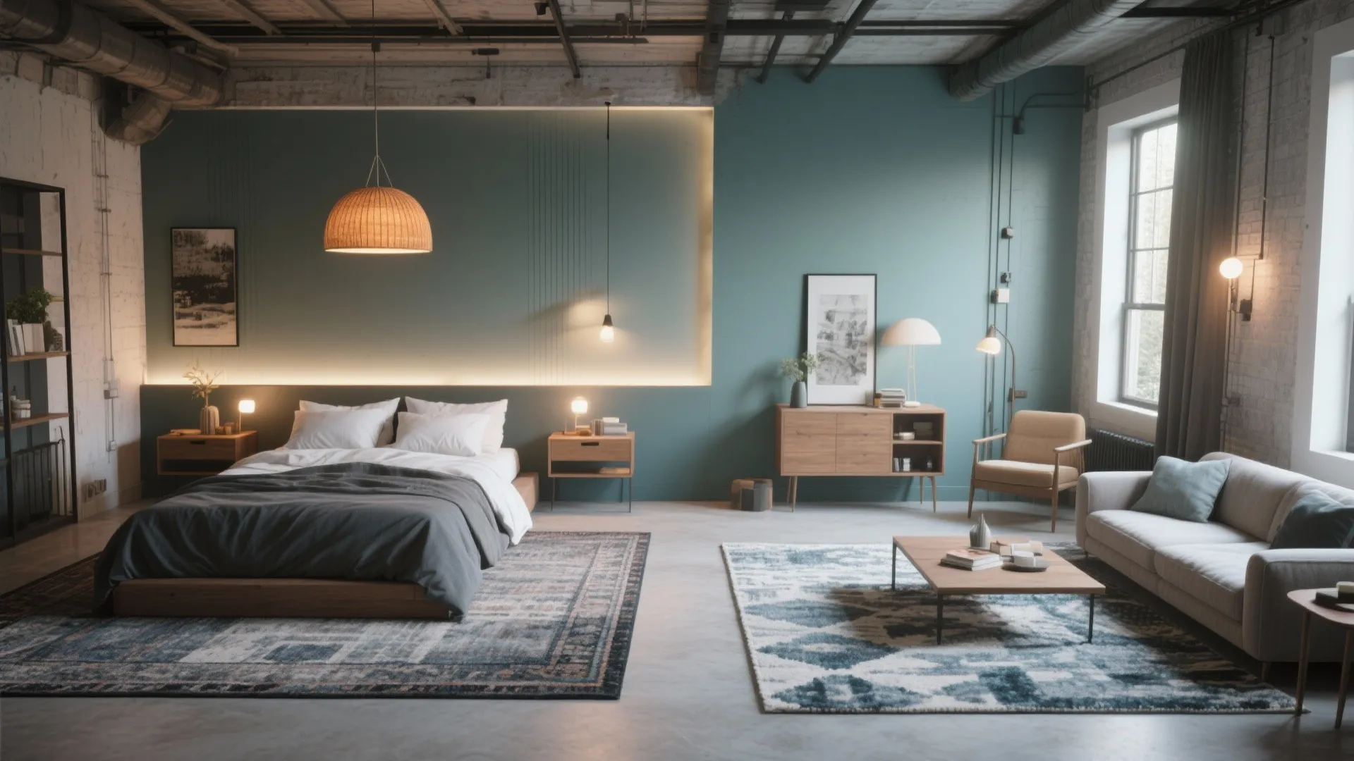 Loft showing defined zones with rugs, pendant lighting, and an accent wall.