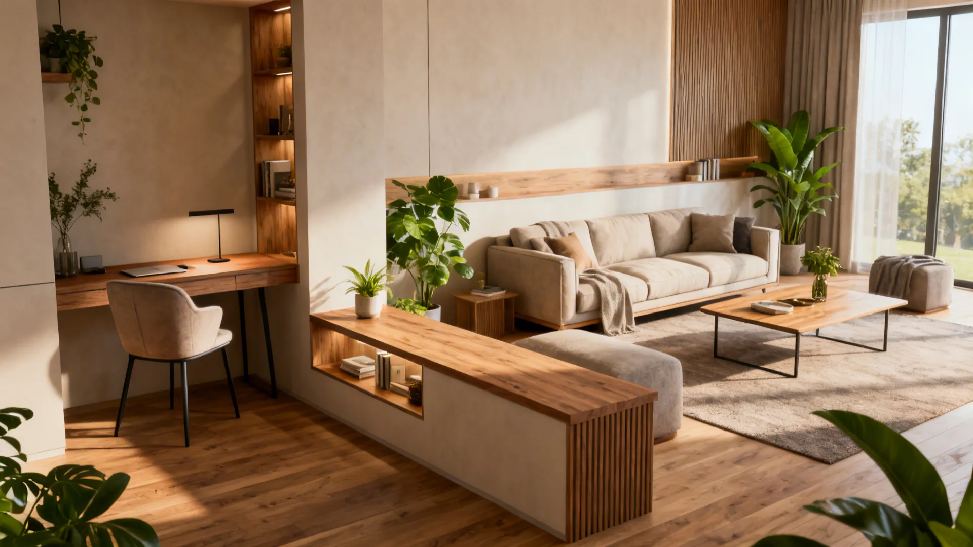 Long sofa forming a lounge and a slim console separating a cozy reading nook with armchair and small desk