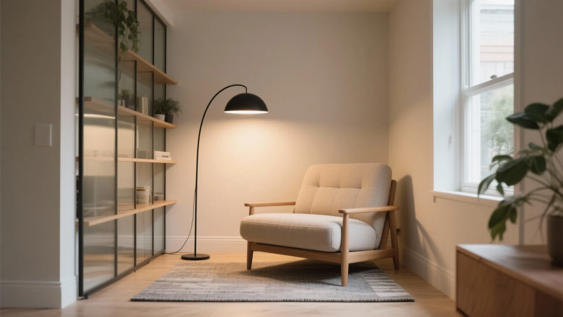 Cozy reading corner with beige armchair curved black floor lamp wooden shelving and grey patterned rug