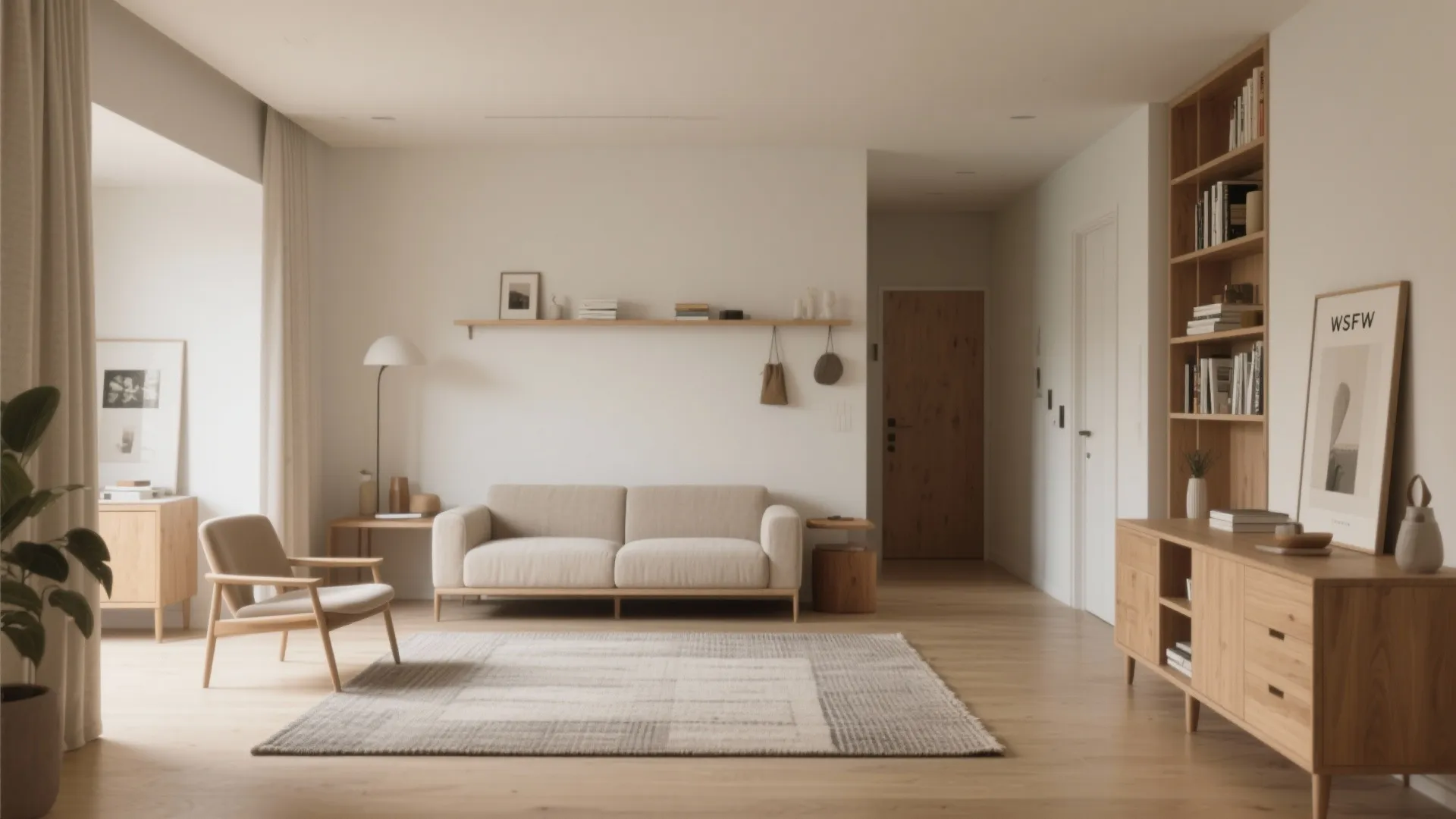 Small open-plan living room with rug-defined seating, console drop zone, and open bookshelf divider.