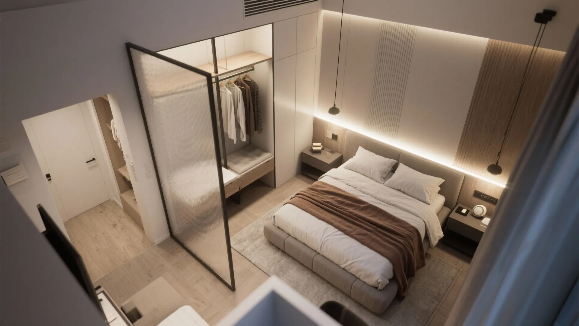 Top down interior design drawing of a modern bedroom with glass partition and white walk-in closet