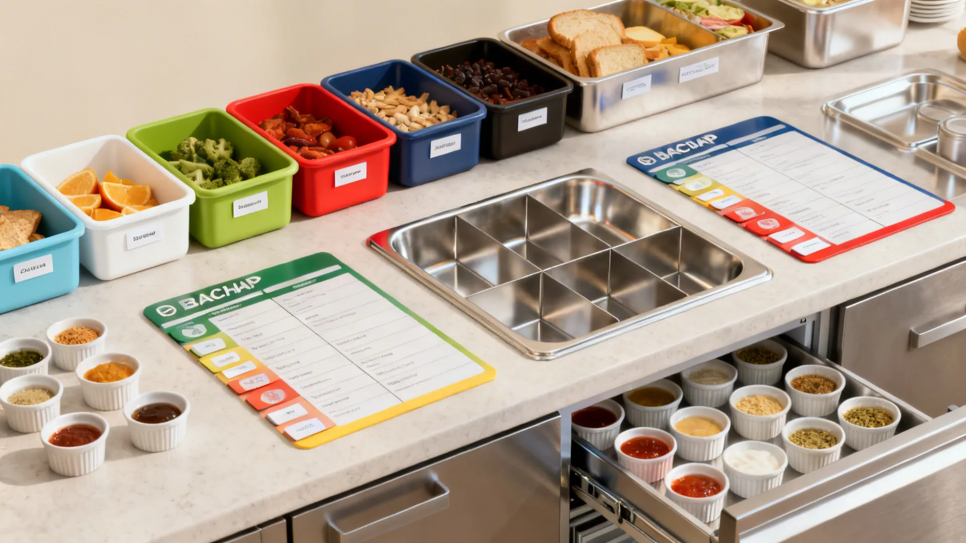 Kitchen prep station with colorful food bins, metal trays, small sauce bowls, and paper checklists