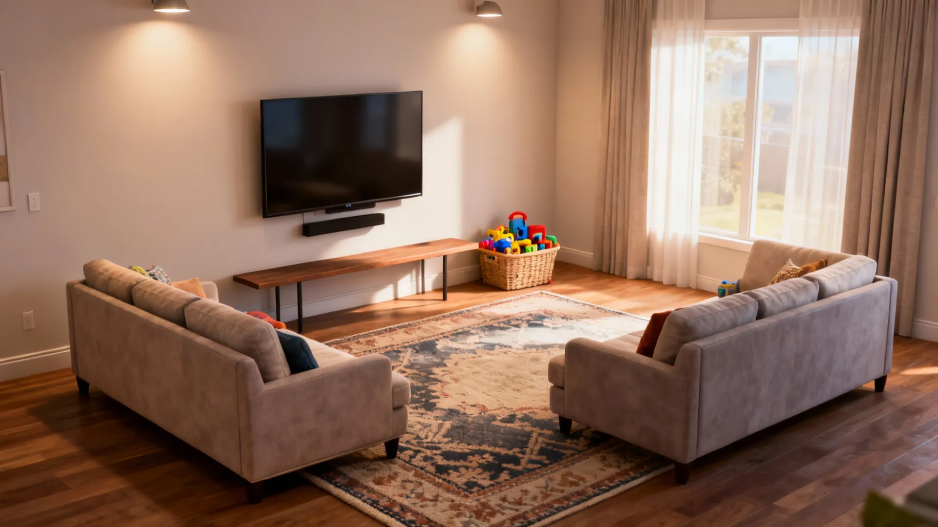 Living room with two sectionals arranged for TV focus and a perpendicular secondary lounging zone.