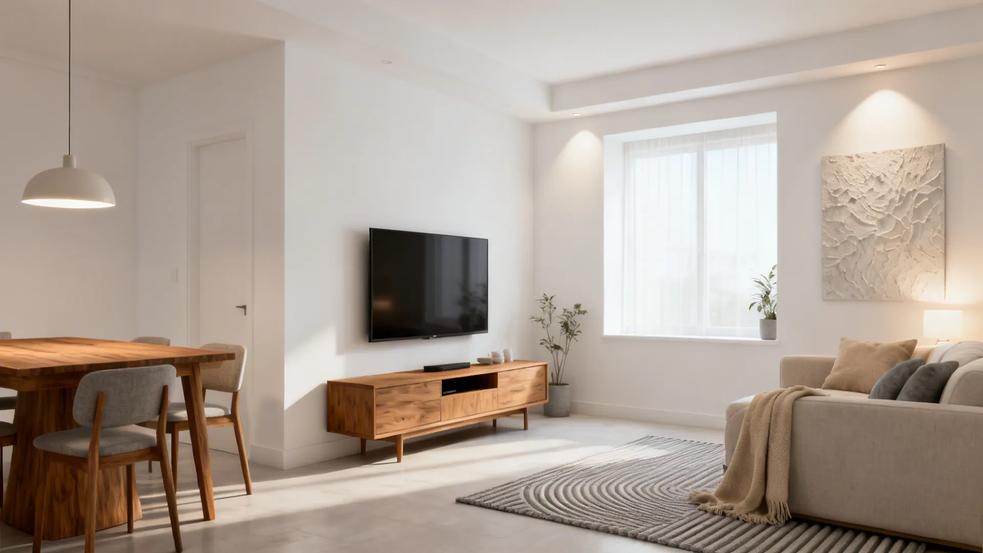 Unified warm white and oak palette defines living and dining zones with layered lighting.