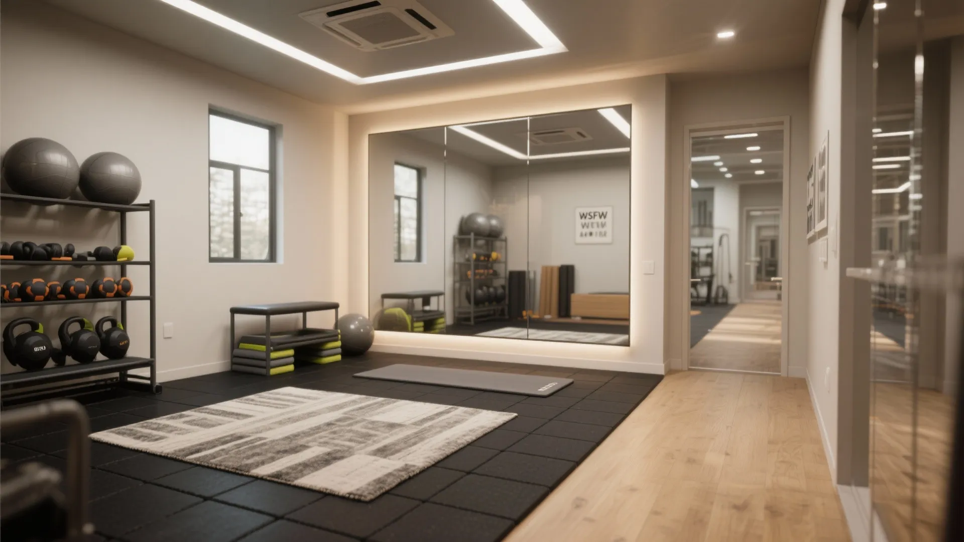 Large home gym room with backlit mirror equipment storage rack yoga mat and grey rug