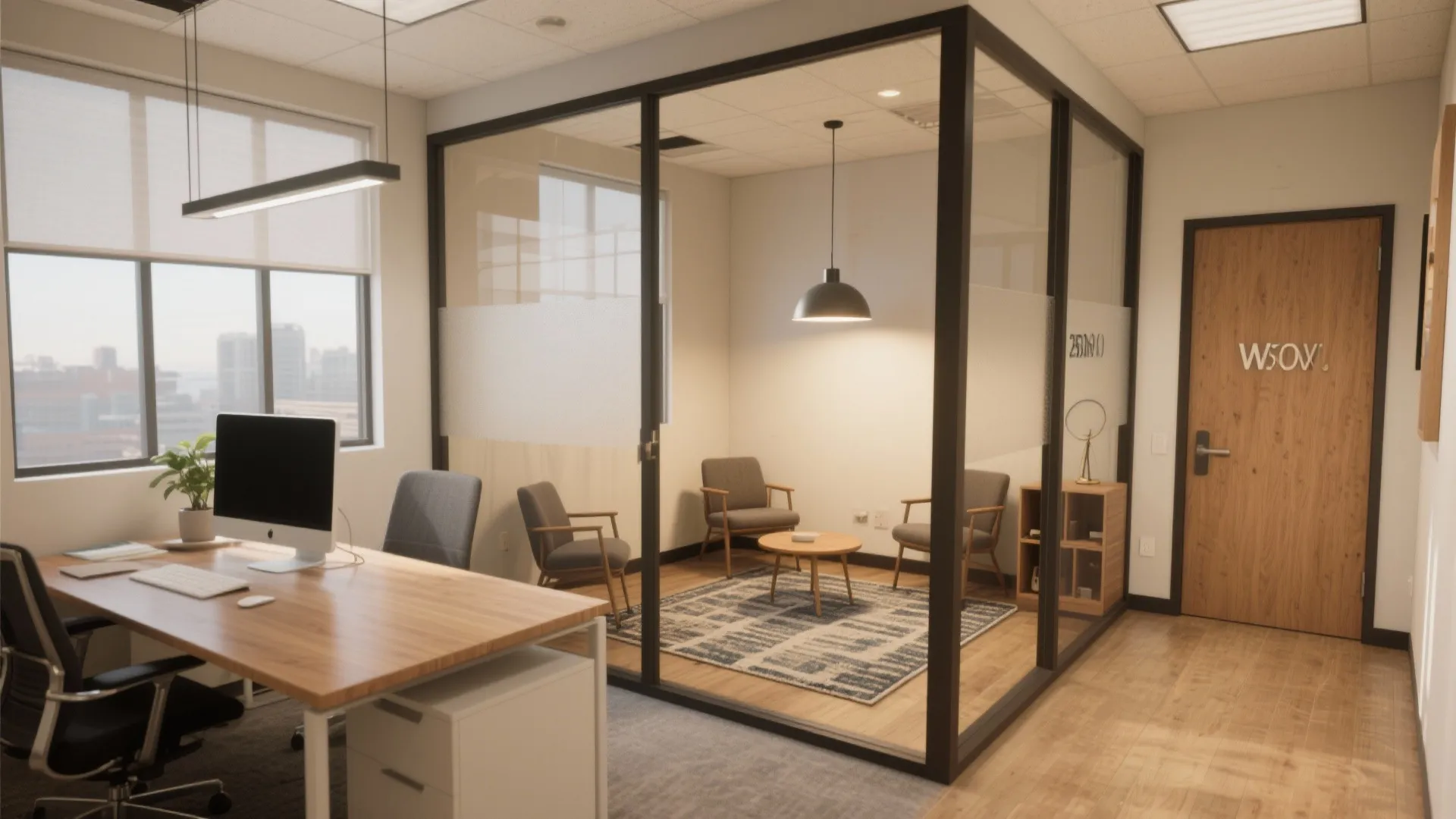 Wide view of a small Dallas office clearly zoned into desk, meeting nook, and storage using rugs and lighting.
