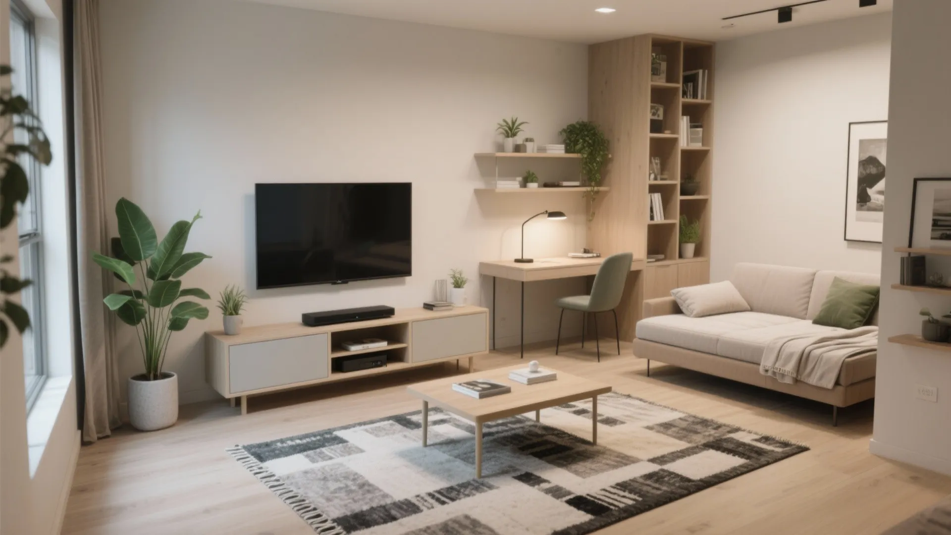 Small room zoned for TV viewing, a compact desk nook and a guest sleeper, with clear circulation and a defining rug.