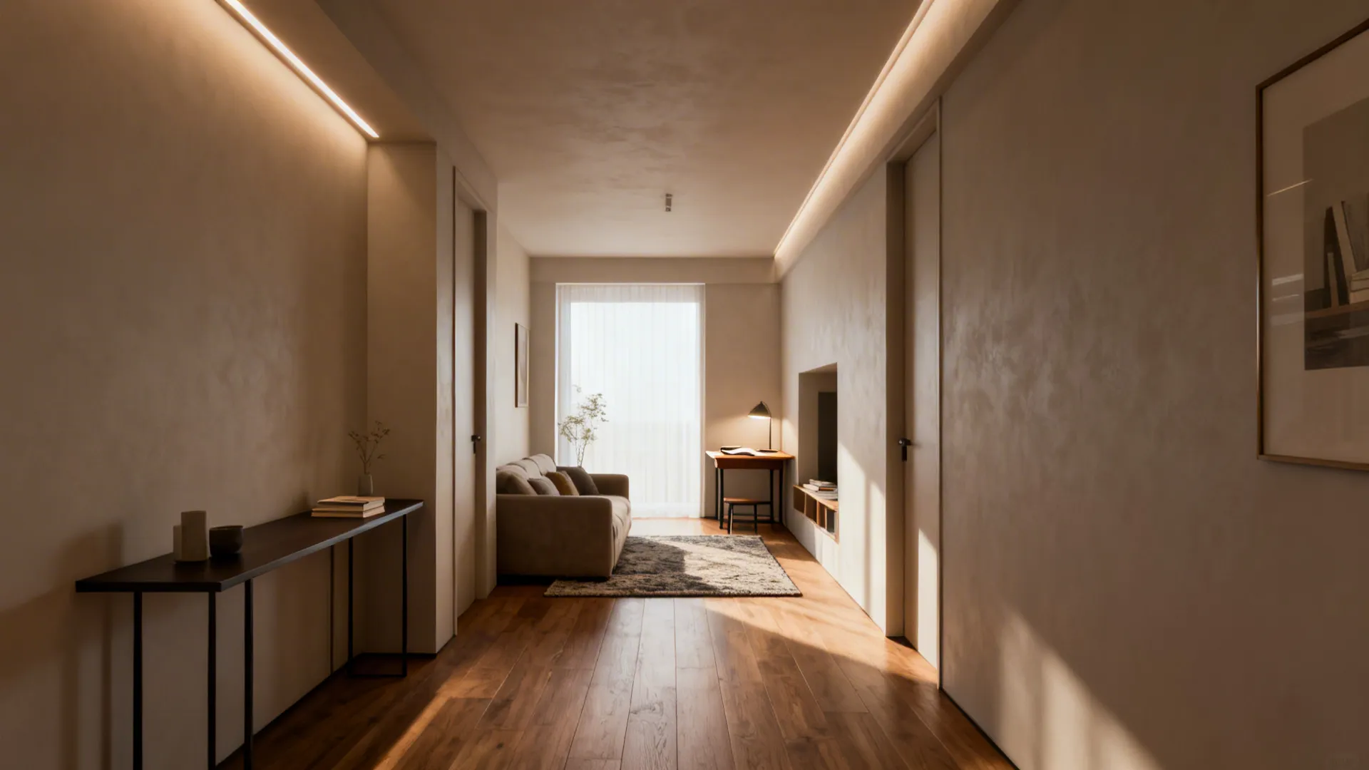 Narrow living room with beige sofa wood floor small desk and warm led ceiling light