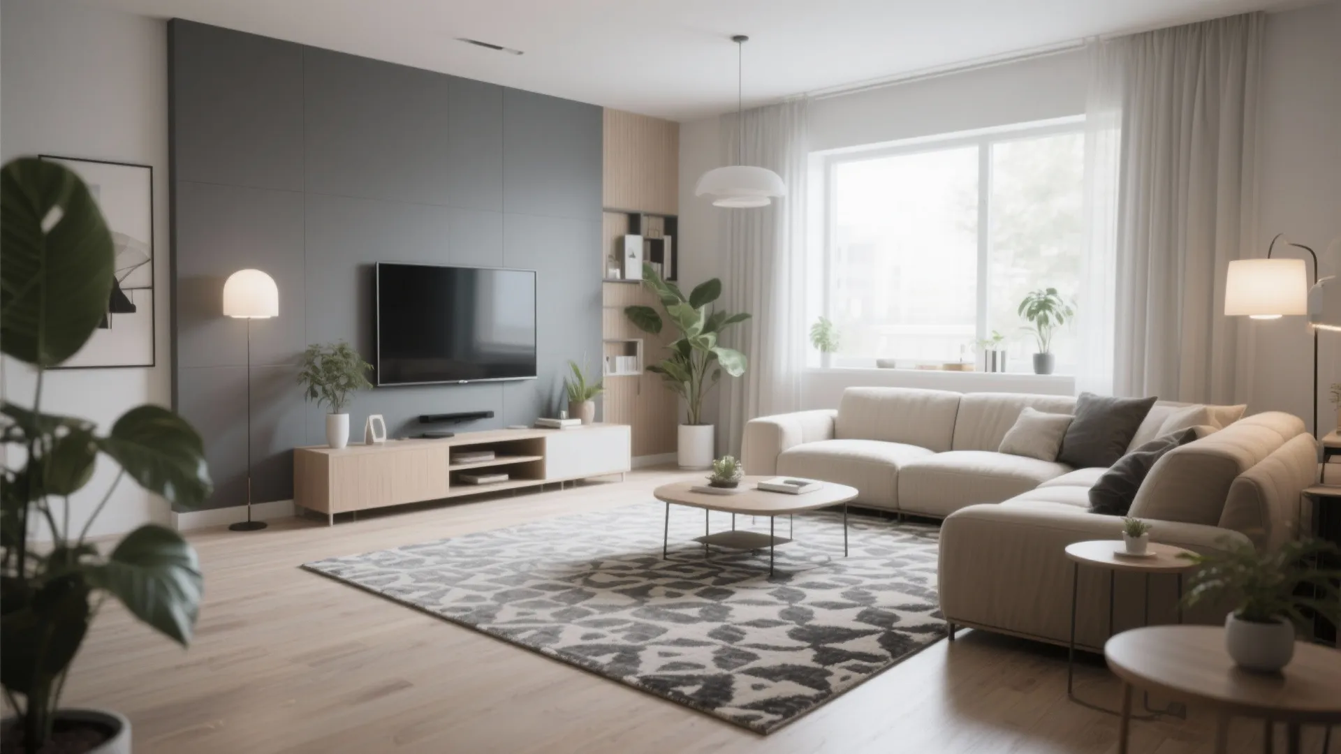 Modern living room with grey wall panel television stand patterned rug beige sofa and plants