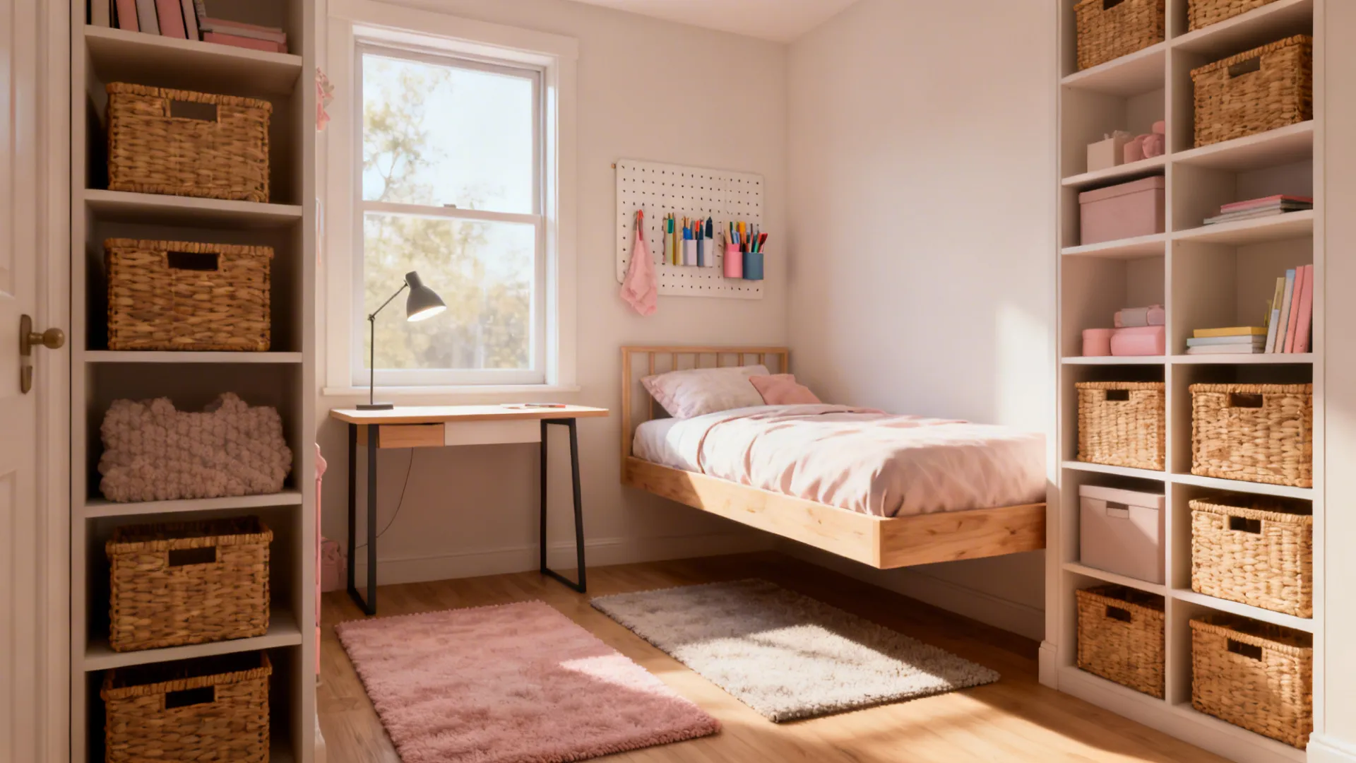 Zoned bedroom nook with bed, slim desk under a window, area rugs and peg rail storage.