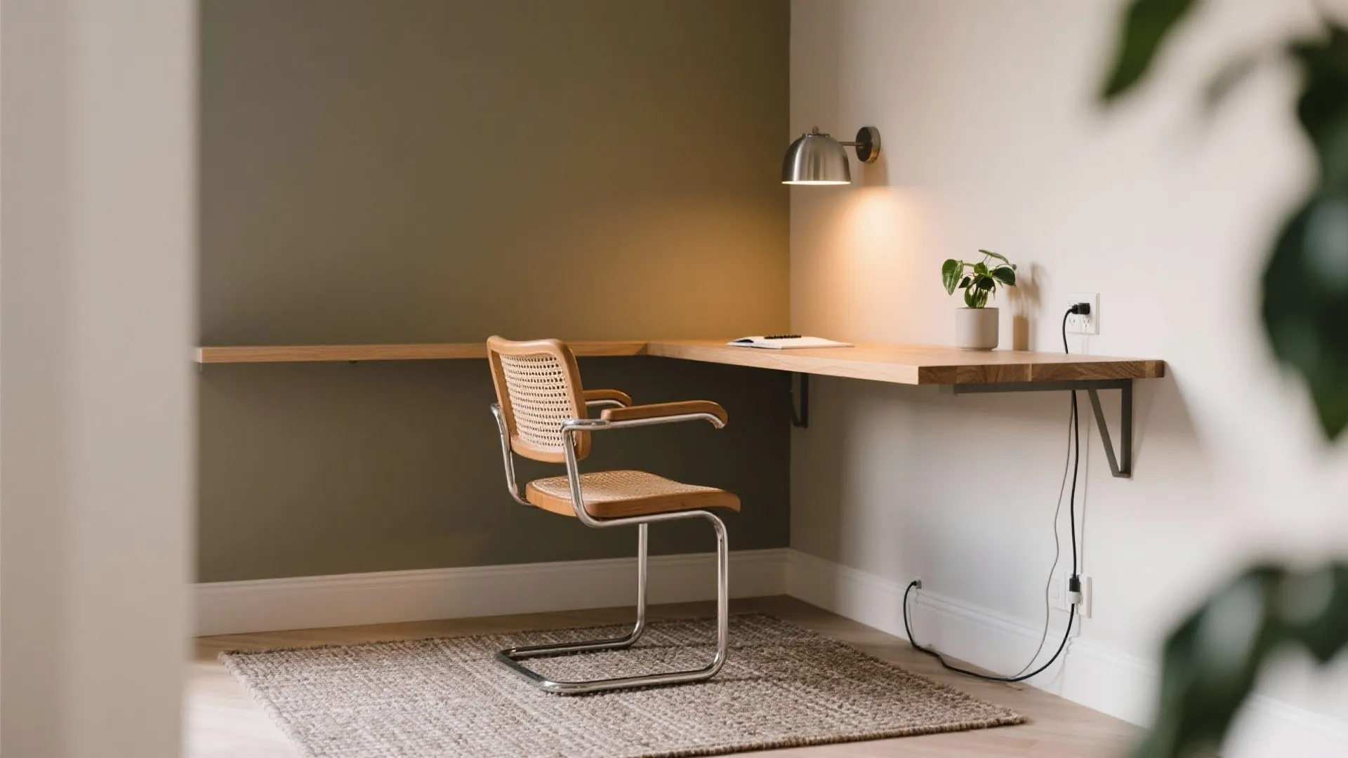 Softly zoned nook: rug + sconce + slim desk