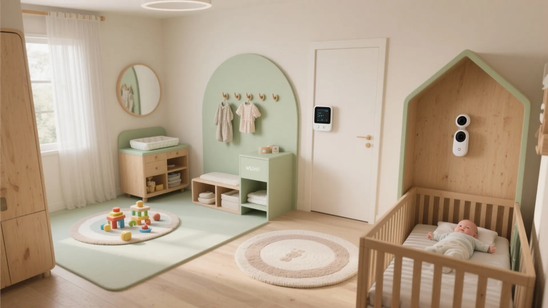 Light green nursery room layout including baby crib changing table wall panel and round floor rugs