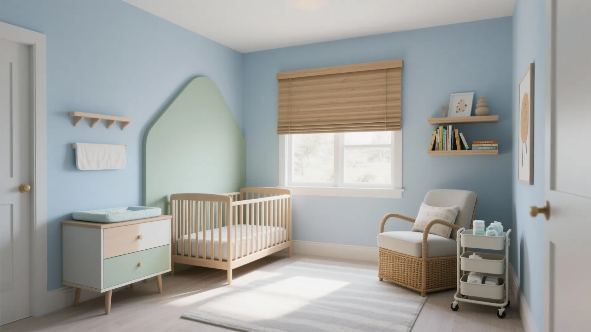Modern nursery with blue walls wooden crib beige chair white rug and natural window light