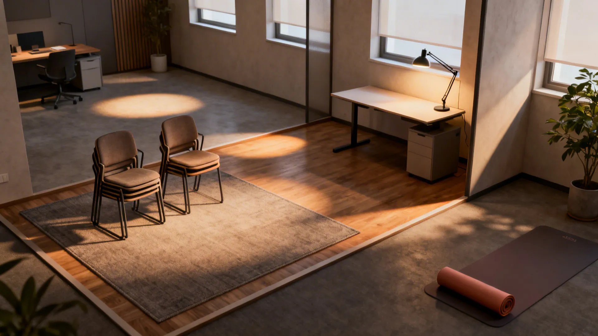 Open room layout with office desk yoga mat and stacked chairs on a grey rug