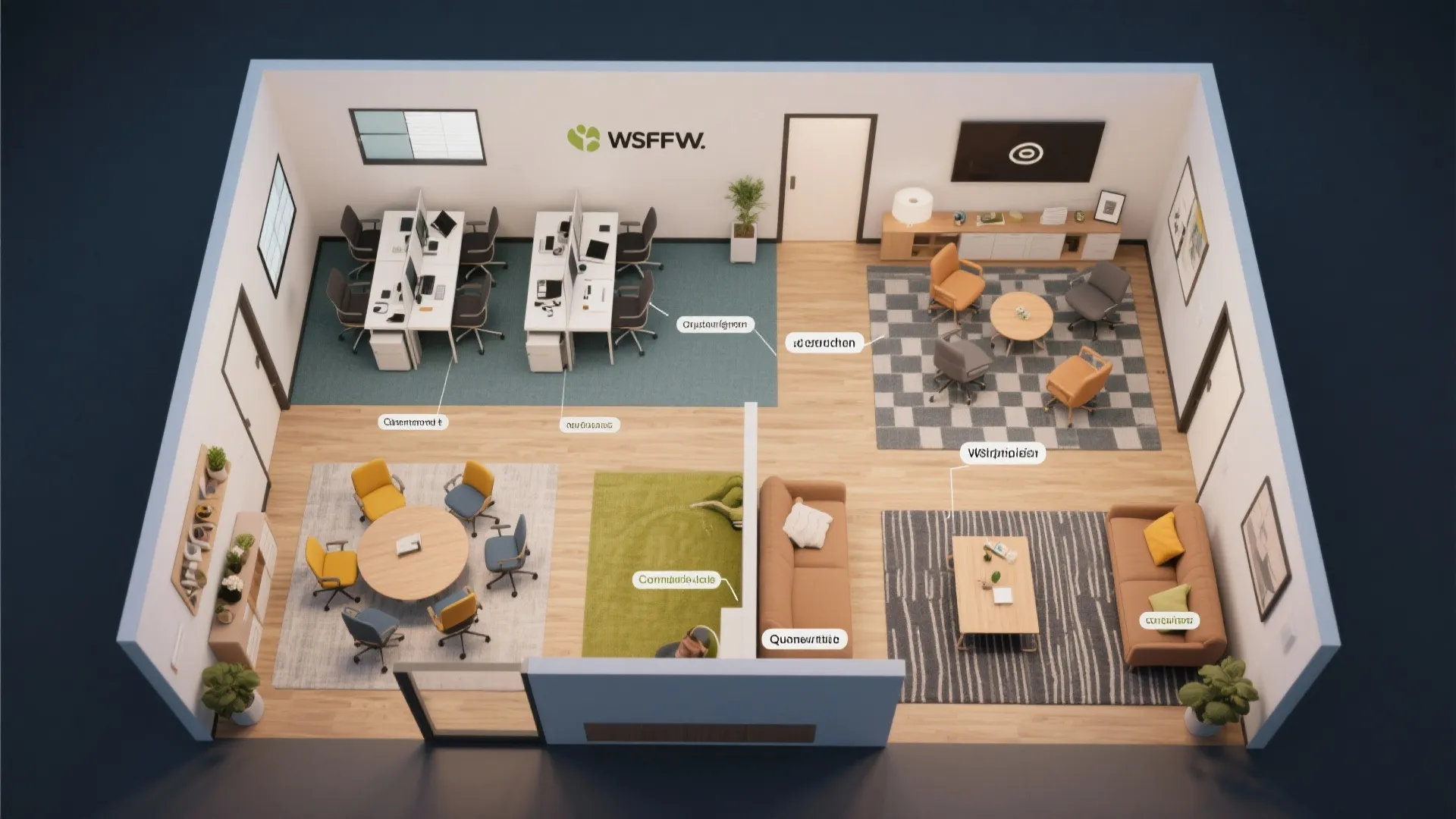 Top-down view showing work, meeting, and lounge zones