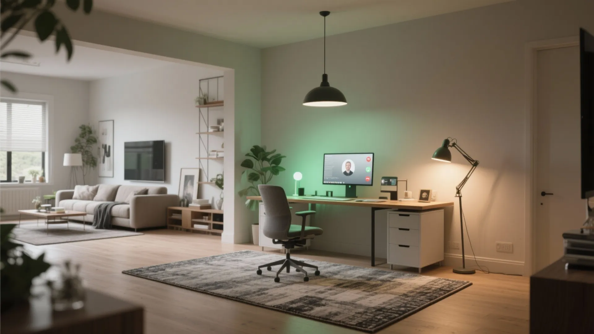 Open-plan area with a defined home office zone using a rug and layered lighting for focus.